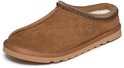 Bruine Skechers pantoffel met suède bovenwerk, opvallende stiksels, gevlochten kraag en warm voetbed.