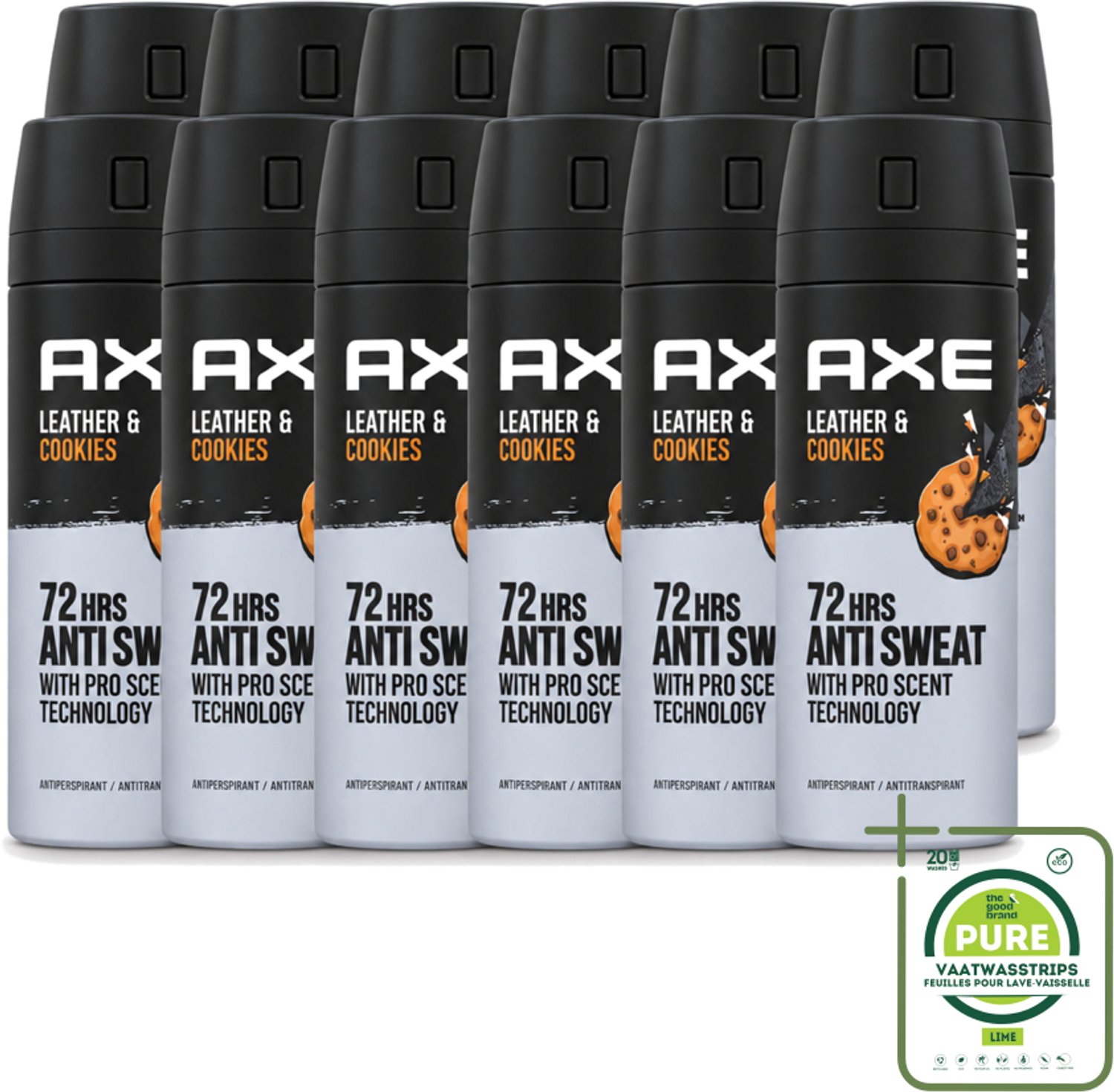 12 x Axe - Deodorant Spray - 72hrs Anti Sweat - Leather & Cookies - 150 ml - Grootverpakking - Vaatwasstrips - 72 Uur Anti Zweet - Deodorant Spray - Zweetbestendig - Leer En Koekjes Geur - Langdurige Frisheid