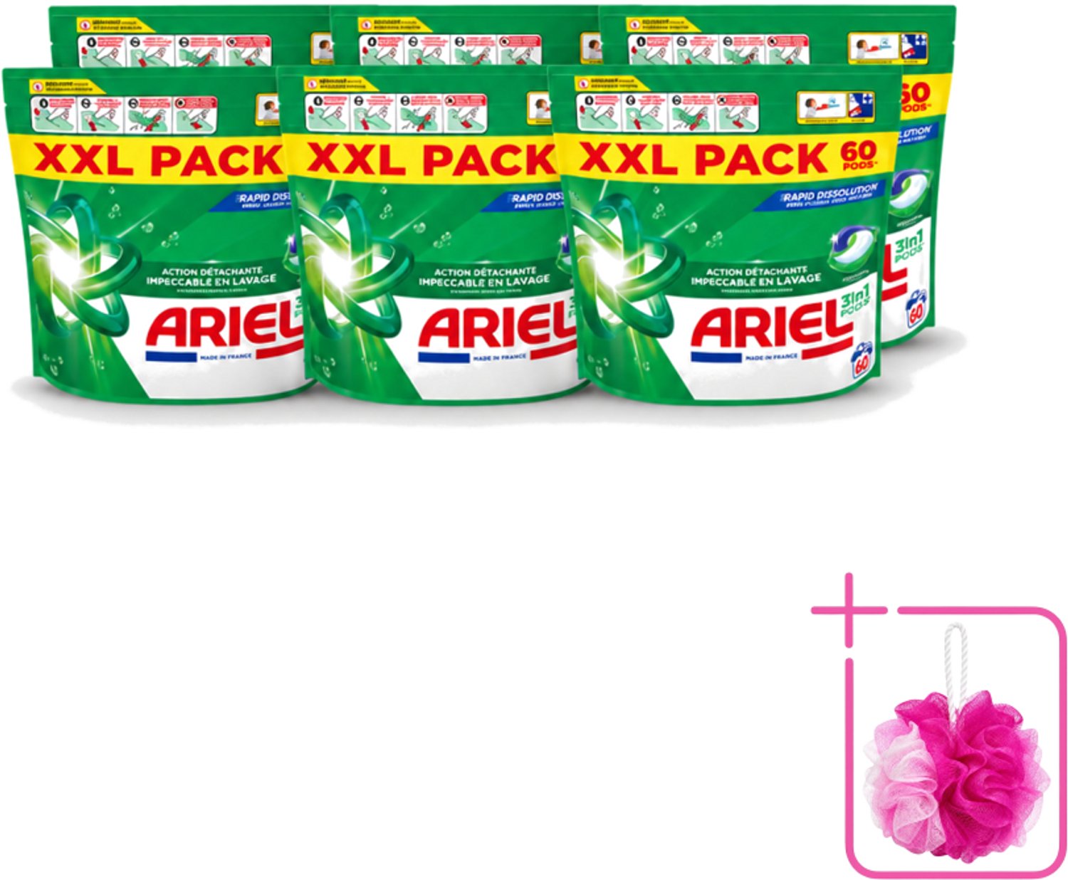 6 x Ariel – Pods 3in1 – Original – 60 wasbeurten - Bulkverpakking - Ariel 3in1 Pods - Douchemop - Wasmiddel capsules
