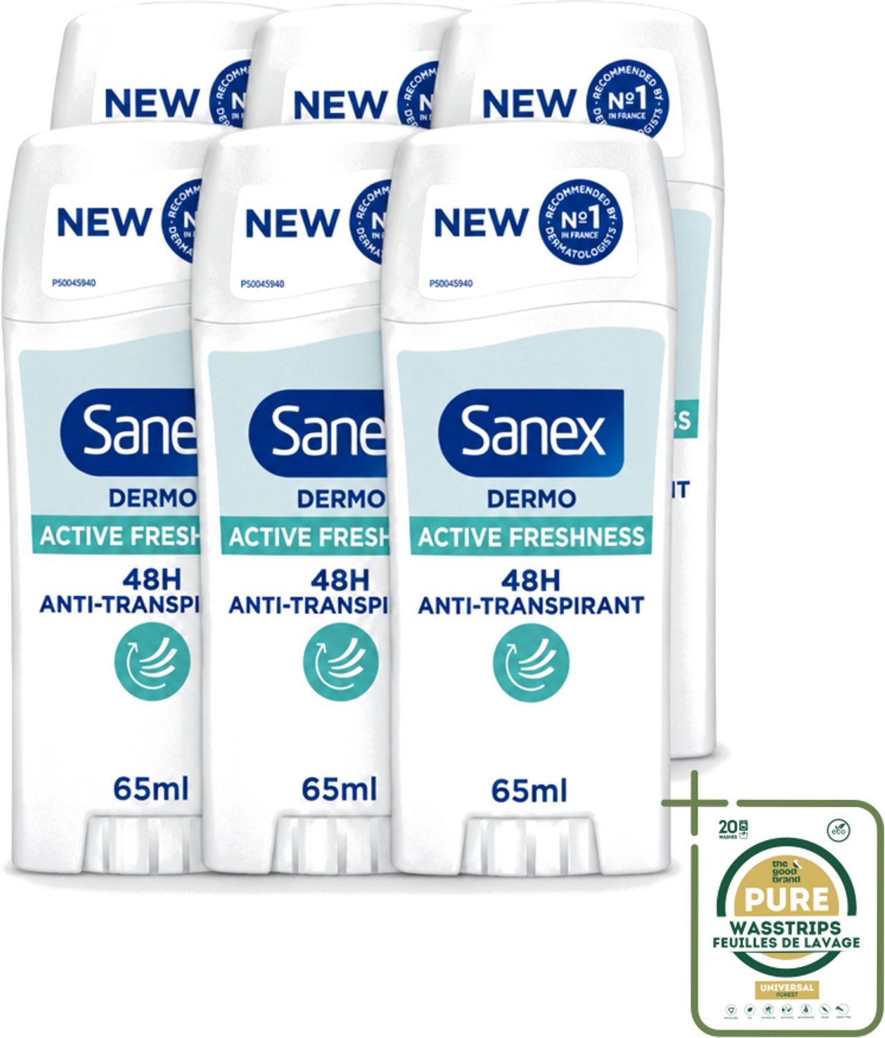 6 x Sanex – Deodorant Stick – Dermo Active Freshness – 65 ml - Wasstrips - Deodorantstick - Frisheid - Huidbescherming - Zachte Textuur - Langdurige Frisheid