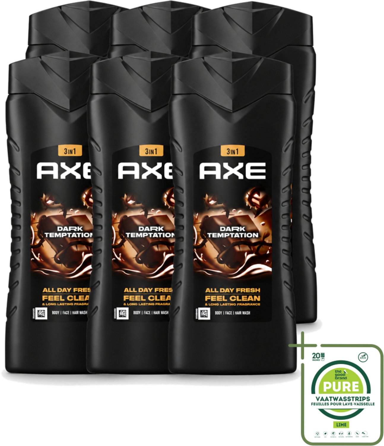 6 x Axe XL - 3-in-1 Douchegel - Dark Temptation - Dark Chocolate - 12hrs Long Lasting Scent - 400 ml - Grootverpakking - Vaatwasstrips - Douchegel - Geur - Donkere Chocolade - Kruiden - 3-in-1