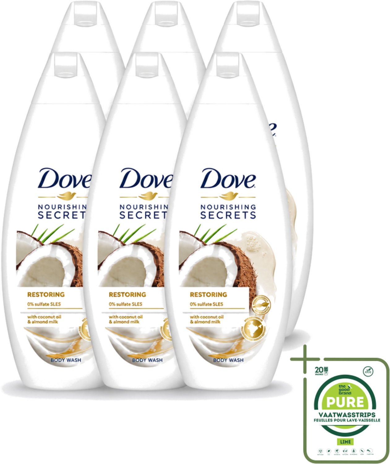 6 x Dove Nourishing Secrets - Douchegel - Kokosolie & Amandel melk - Sulfaatvrij - 250 ml - Grootverpakking - Vaatwasstrips - Douchegel - Kokosolie - Amandelmelk - Natuurlijke Verzorging - Sulfaatvrije Douchegel