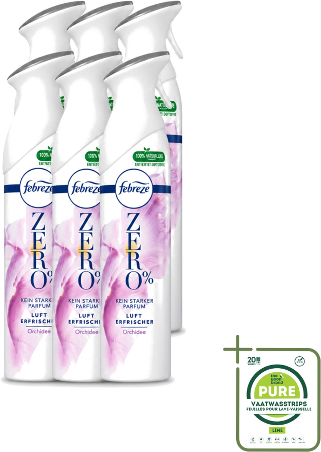 6 x Febreze Spray - Zero % - Orchidee - Luchtverfrisser - 300ml - Grootverpakking - Vaatwasstrips - Luchtverfrisser - Geuren Verwijderen - Orchidee Geur - Frisse Geur - Zero %