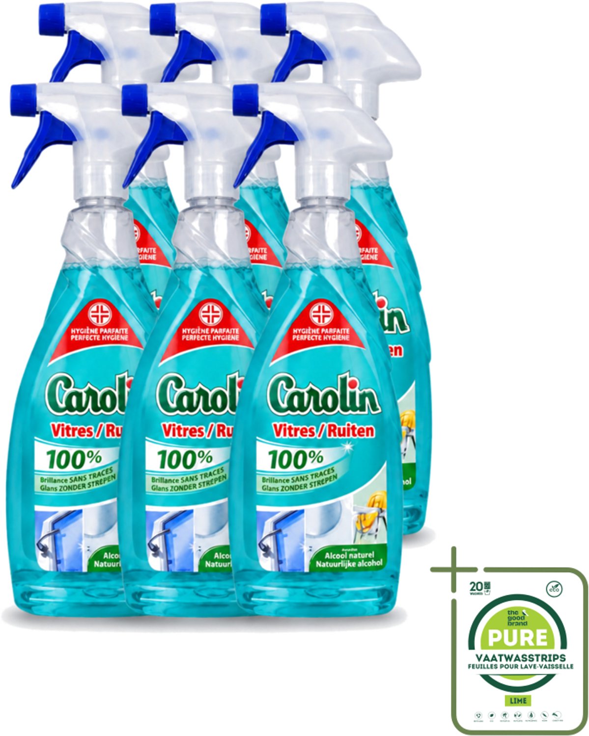 6 x Carolin - Glas- en Ruitenreiniger - Met Natuurlijke Alcohol - 650 ml - Grootverpakking - Vaatwasstrips - Glas Reinigen - Ruiten Reinigen - Glas Reiniger - Ruiten Reiniger - Natuurlijke Alcohol