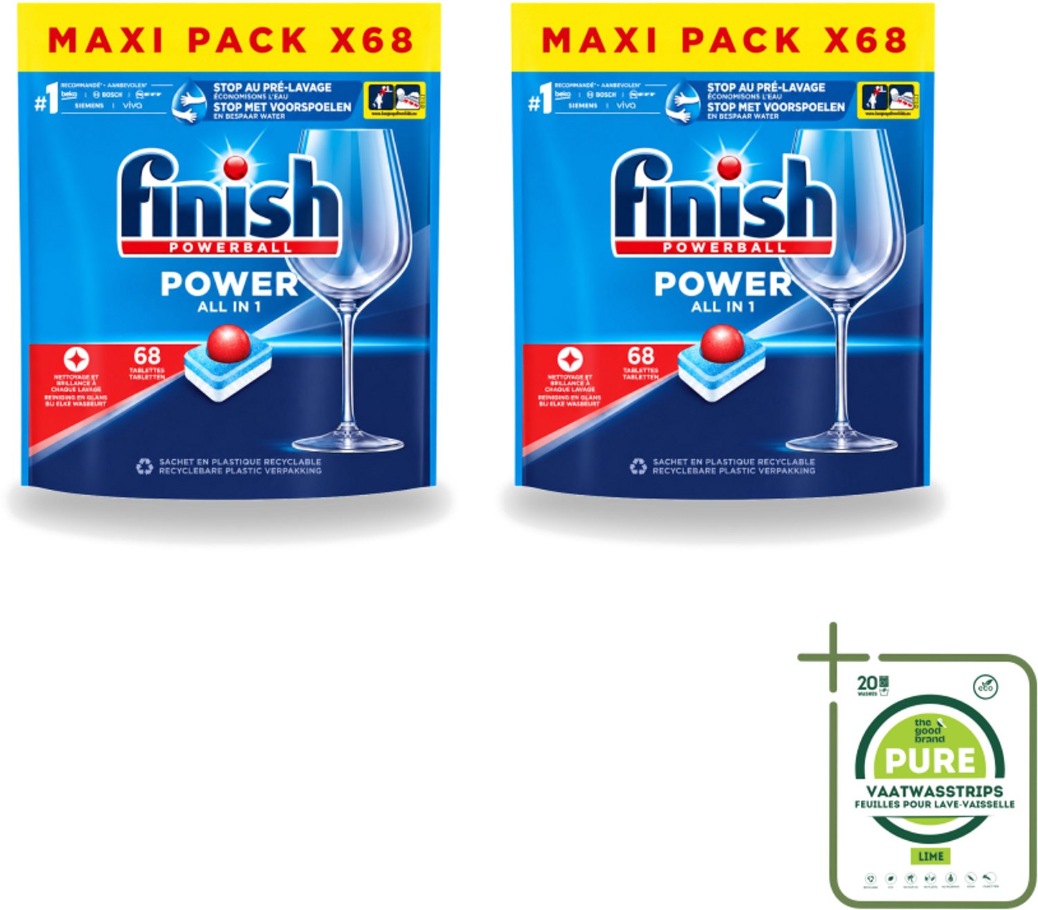 2 x Finish Powerball - Power All in 1 - Vaatwastabletten - Reiniging & Glans - 68 Tabletten - Grootverpakking - Vaatwasstrips - Vaatwastabletten - Vaatwasmiddel - Reiniging - Vaatwasser - Anti-kalk