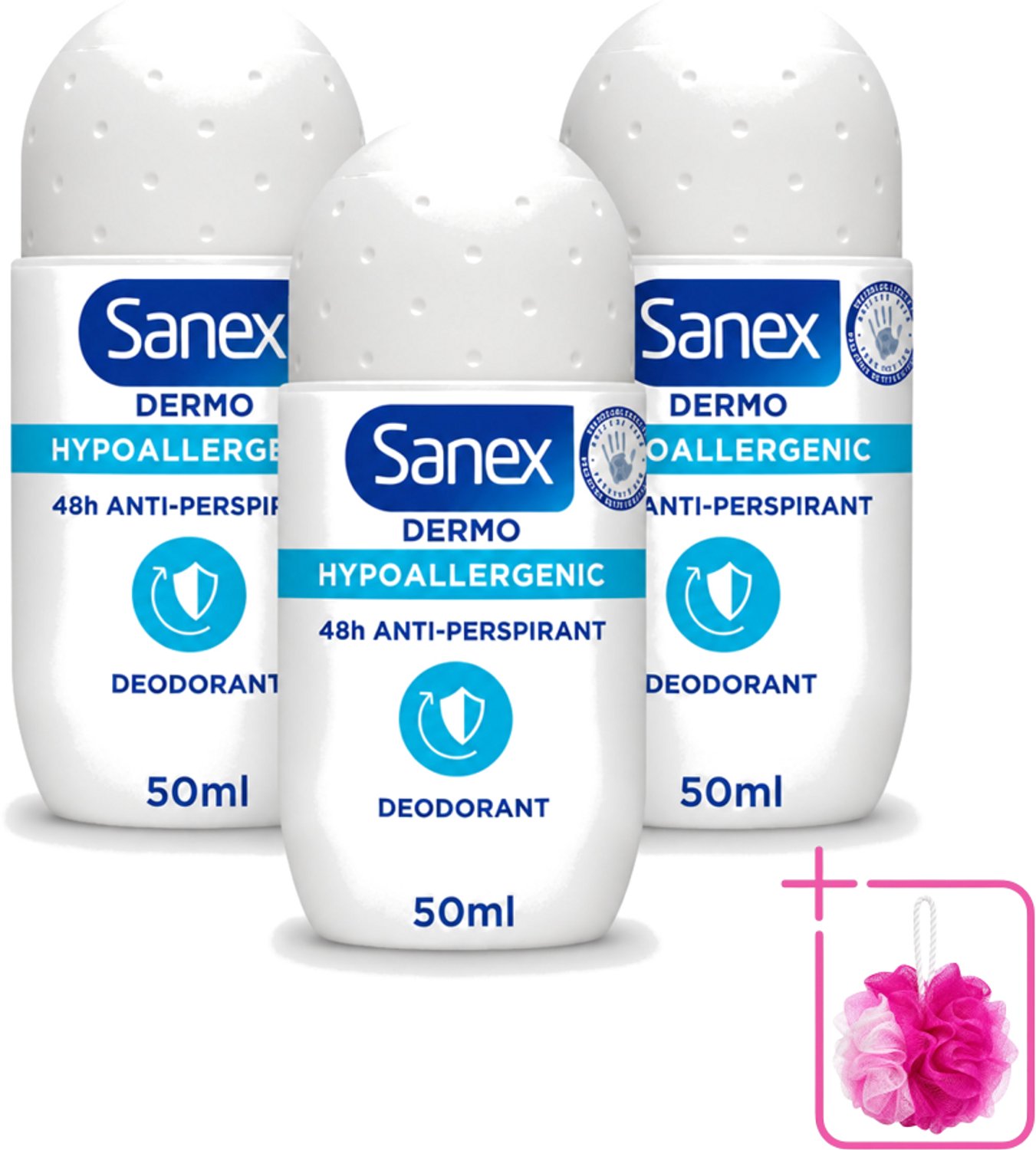 3 x Sanex Dermo - Deodorant Roller - Hypoallergeen - 48h Anti-Transpirant - 50 ml - Bulkverpakking - Deodorant roller - Douchemop - Hypoallergeen deodorant