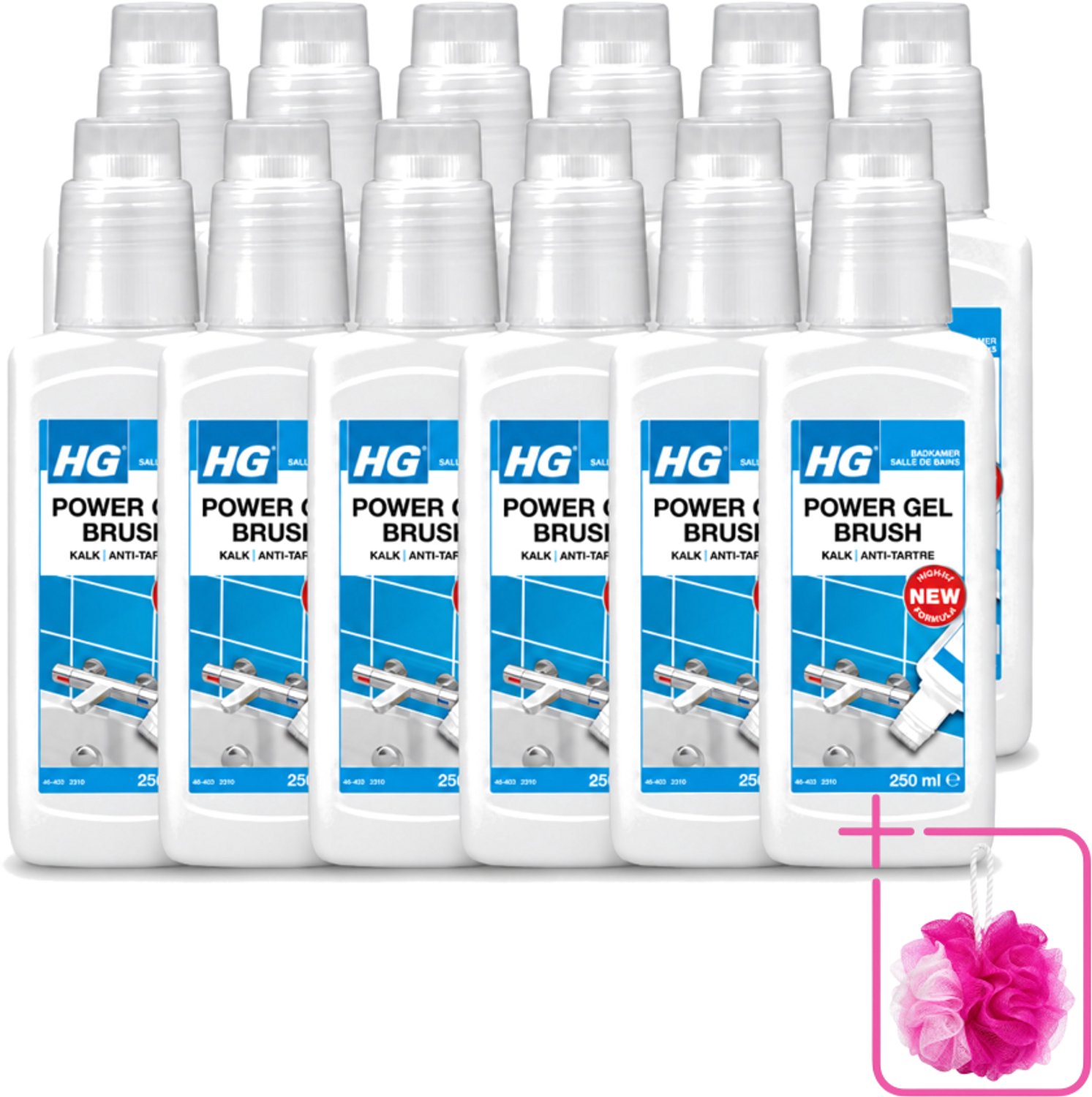 12 x HG - Badkamer - Power Gel Brush - Kalk - Agressief - 250 ml - Bulkverpakking - Kalk verwijderen - Douchemop - Badkamer schoonmaken