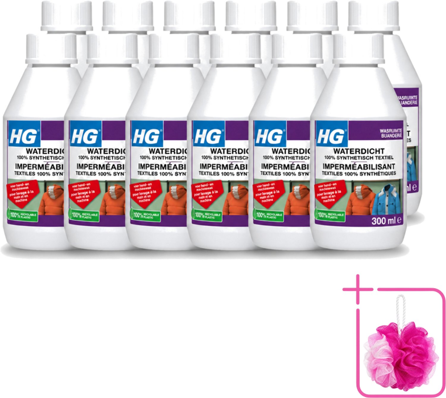 12 x HG - Wasruimte - Waterdicht 100% Synthetisch Textiel - Voor Hand & Machine Was - 300 ml - Bulkverpakking - Waterdicht textiel - Douchemop - Vuilafstotend textiel