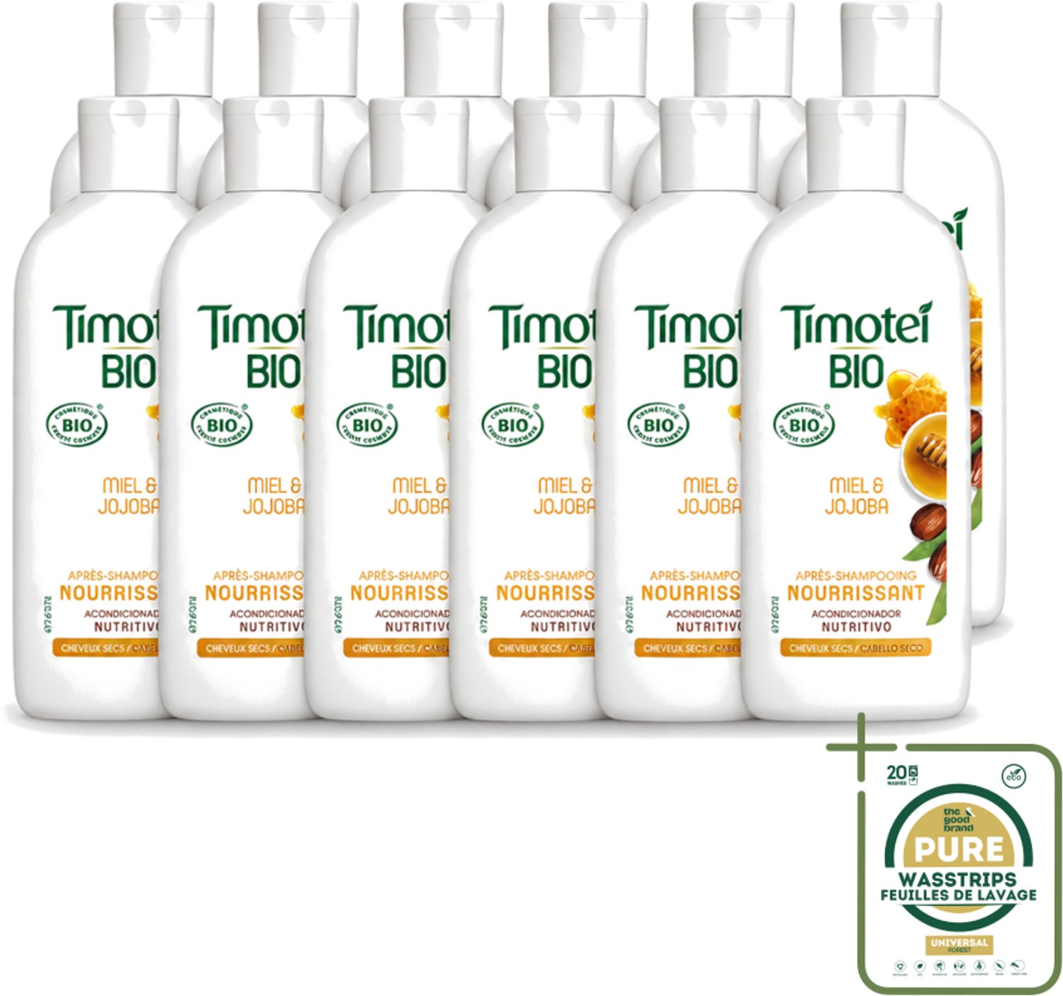 12 x Timotei - Crèmespoeling - Honing & Jojoba - Biologisch - Droog Haar & Droge Hoofdhuid - 250 ml - Wasstrips - Crèmespoeling - Droog Haar - Droge Hoofdhuid - Honing - Jojoba-olie