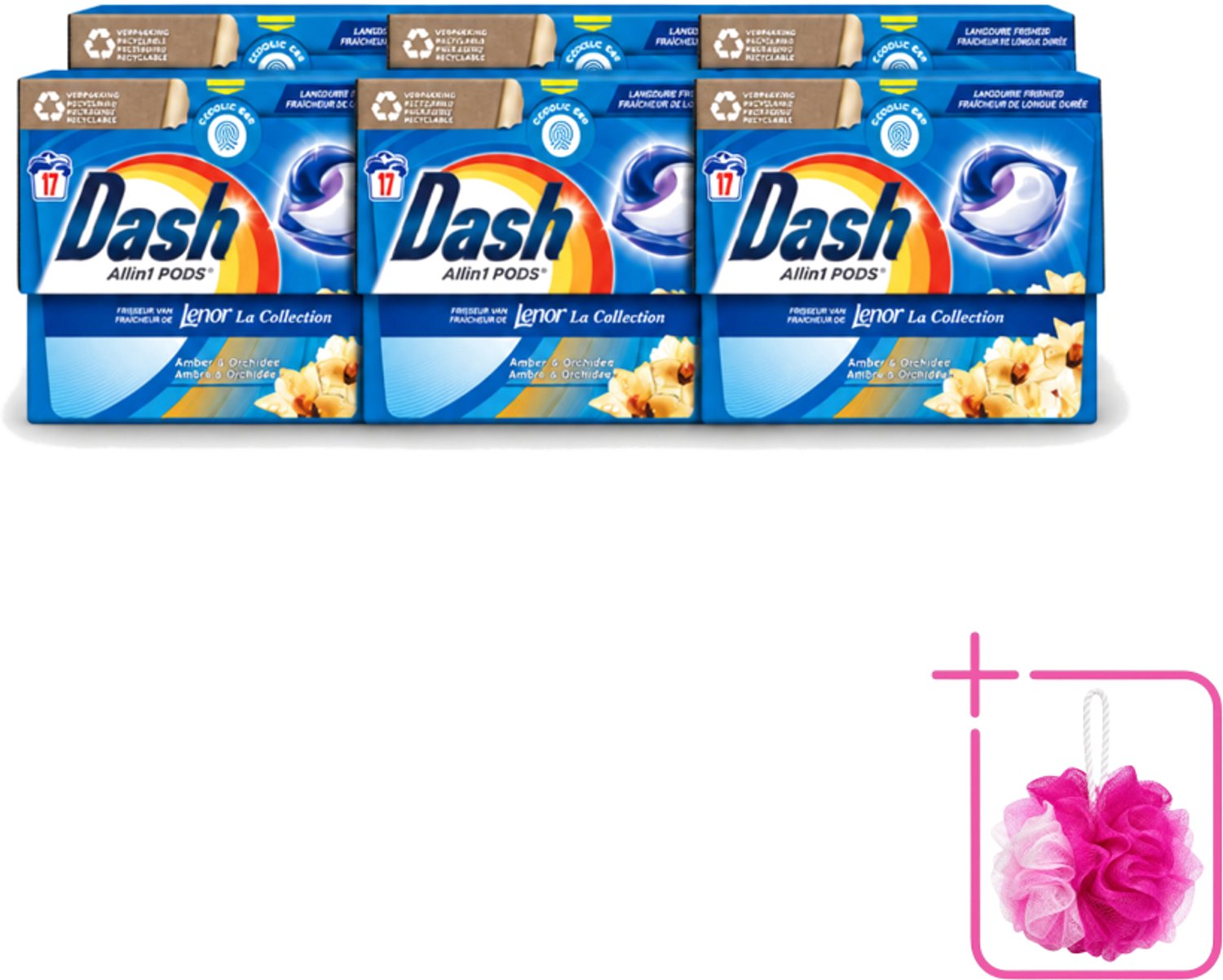6 x Dash - Lenor Collectie - Wasmiddel Capsules - All-in-1 Pods - Witte en Gekleurde Was - Amber & Orchidee - 17 Wasbeurten - Bulkverpakking - Wasmiddel capsules - Douchemop - Wasbeurt