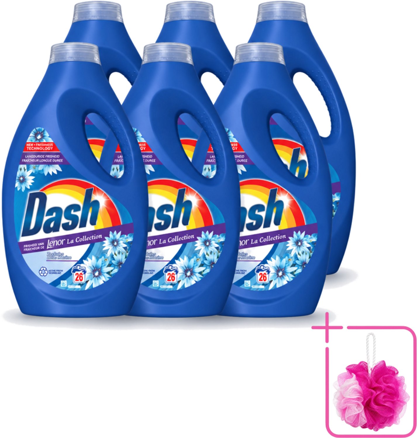 6 x Dash - Lenor Collectie - Vloeibaar Wasmiddel - Witte en Gekleurde Was - Zeebries - 26 Wasbeurten - Bulkverpakking - Wasmiddel - Douchemop - Was