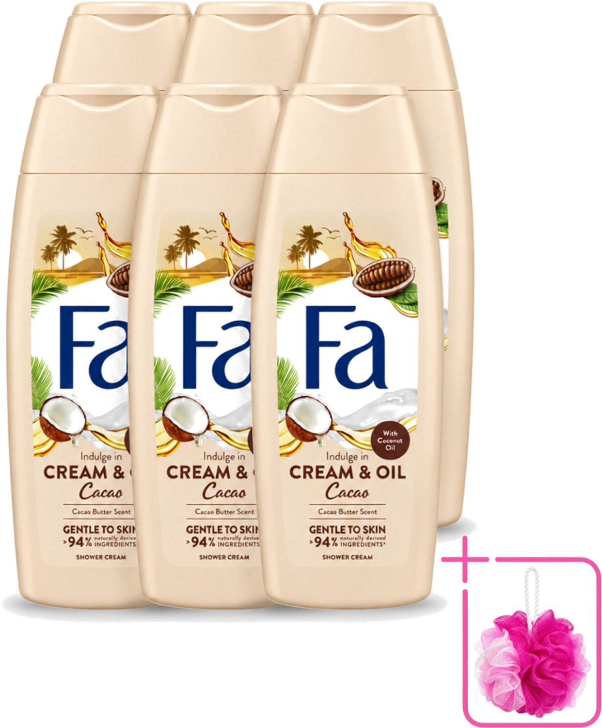 6 x Fa - Cream & Oil Cacao - Douchecrème - Cacaoboter Met Kokosolie - 250 ml - Bulkverpakking - Douchecrème - Douchemop - Cacaoboter