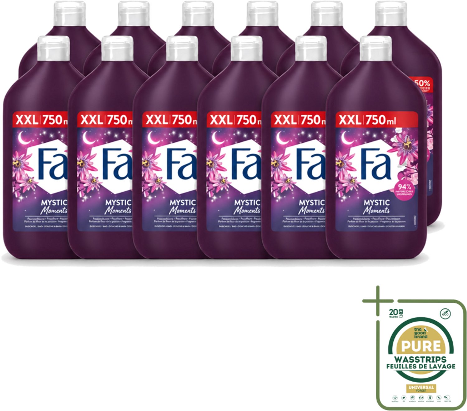 12 x Fa - Mystic Moments - Bad- & Douchegel - Passiebloem - 750 ml - Wasstrips - Bad En Douchegel - Passiebloem - Sheaboter - Hydratatie - Verzorging