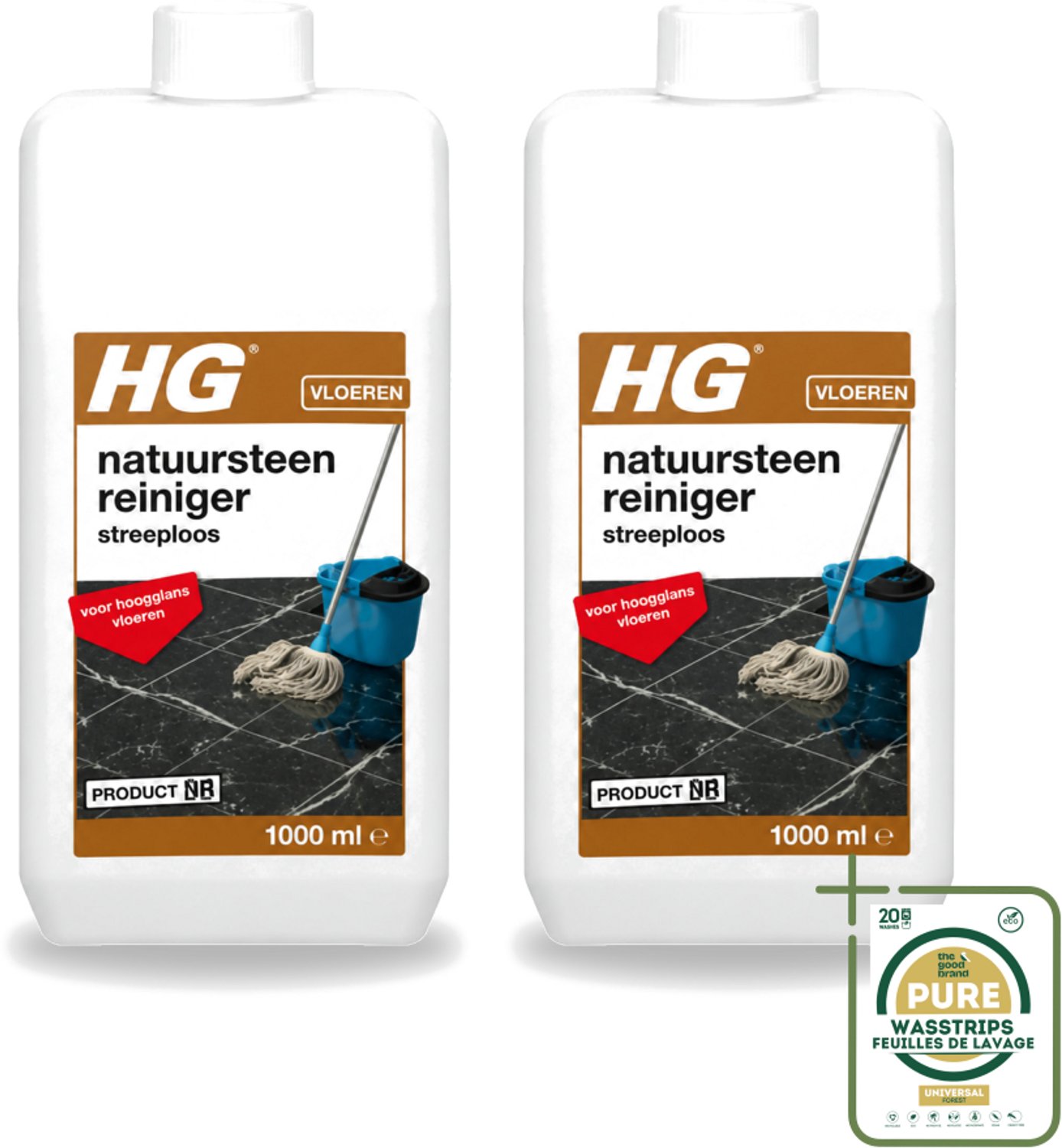 2 x HG - Natuursteenreiniger Streeploos - Voor Hoogglans Vloeren - 20 Dweilbeurten - 1L - Wasstrips - Natuursteen Reinigen - Hoogglans Vloeren Reinigen - Streeploze Reiniger - Natuursteen Vloer Reinigen - Marmer Reinigen