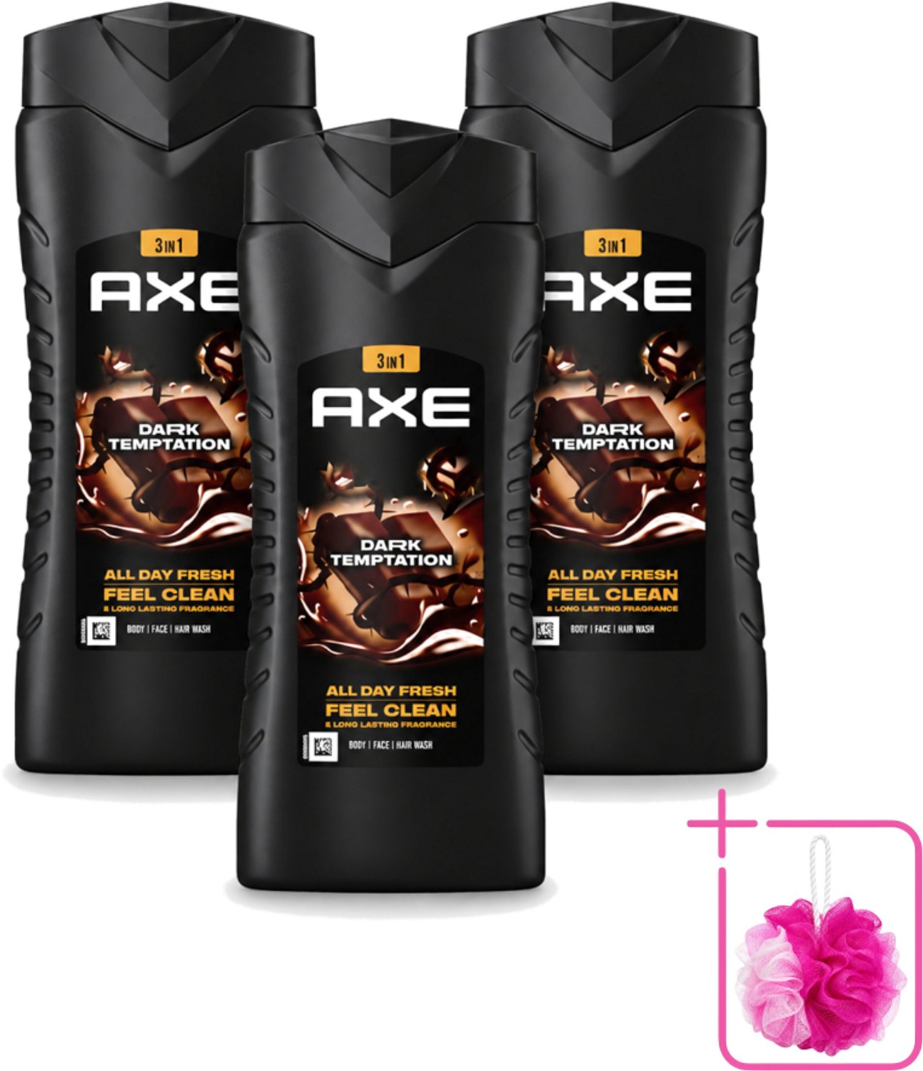 3 x Axe XL - 3-in-1 Douchegel - Dark Temptation - Dark Chocolate - 12hrs Long Lasting Scent - 400 ml - Bulkverpakking - Douchegel - Douchemop - Geur