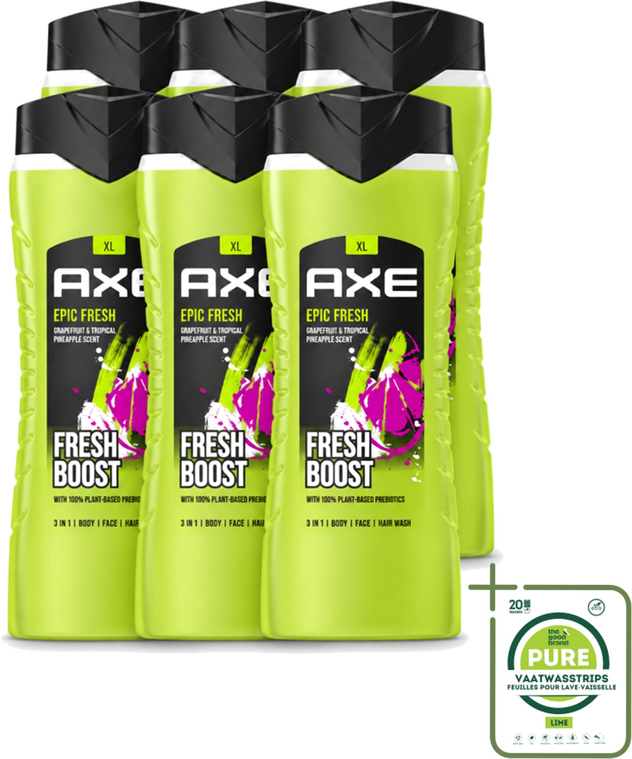 6 x AXE – Douchegel – Epic Fresh Fresh Boost 3-in-1 – 400 ml - Grootverpakking - Vaatwasstrips - Douchegel - Frisheid - Lichaam - Gezicht - Haar