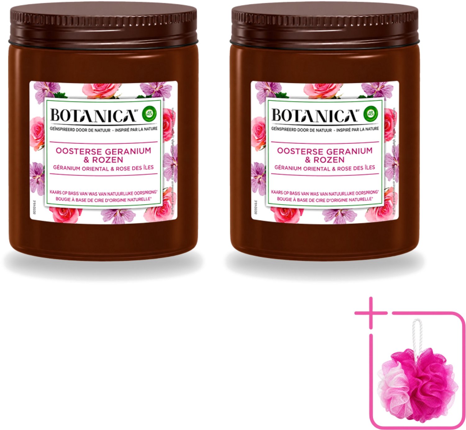 Air Wick 2 x Botanica by Air Wick - Geurkaars - Geranium & Rozen - 40 Uur Brandduur - Bulkverpakking - Geurkaars - Douchemop - Geranium en rozen Wit