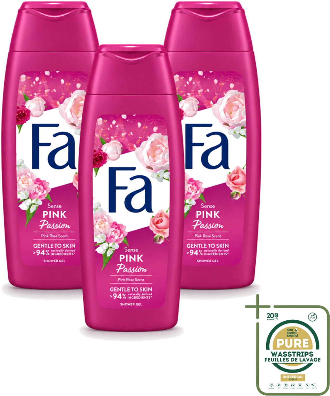 3 x Fa - Pink Passion - Douchegel - Roze Roos - 250 ml - Wasstrips - Douchegel Roze Roos - Roze Roos Geur - Douchegel Voor Huid - Huid Verzorging - Verfrissende Douchegel