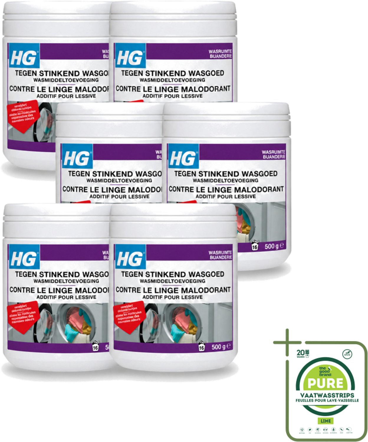 6 x HG - Wasruimte - Tegen Stinkend Wasgoed - Wasmiddeltoevoeging - 500 g - Grootverpakking - Vaatwasstrips - Wasmiddel Tegen Stank - Stinkend Wasgoed - Wasmiddel Toevoeging - Stankmoleculen Verwijderen - Fris Wasgoed