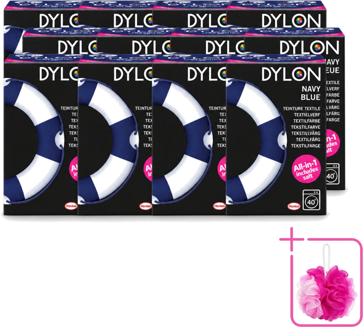 12 x Dylon - Textielverf - Navy Blue - All-in-One - Inclusief Zout - 350g - Bulkverpakking - Textielverf - Douchemop - Kleding verven