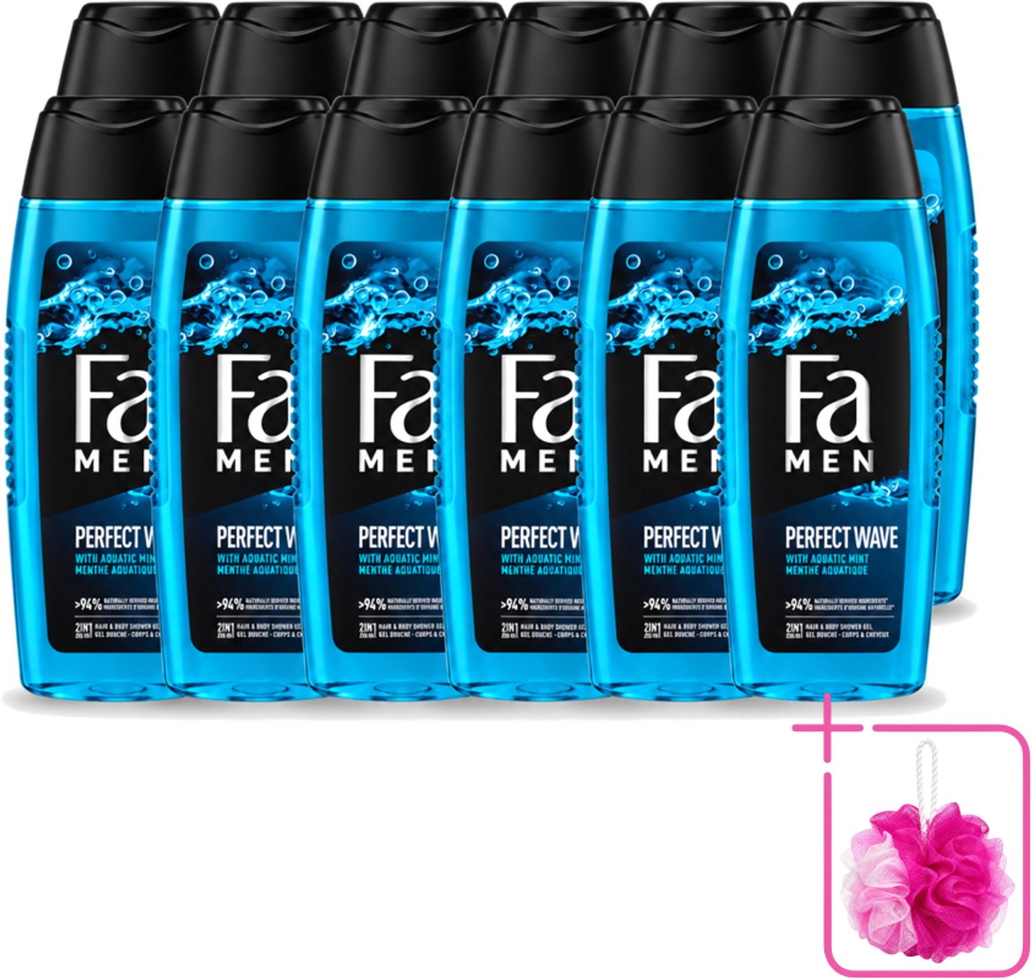 12 x Fa Men - Perfect Wave - 2 in 1 Douchegel & Shampoo - Menthol - 250 ml - Bulkverpakking - Douchegel en shampoo voor mannen - Douchemop - Menthol geur