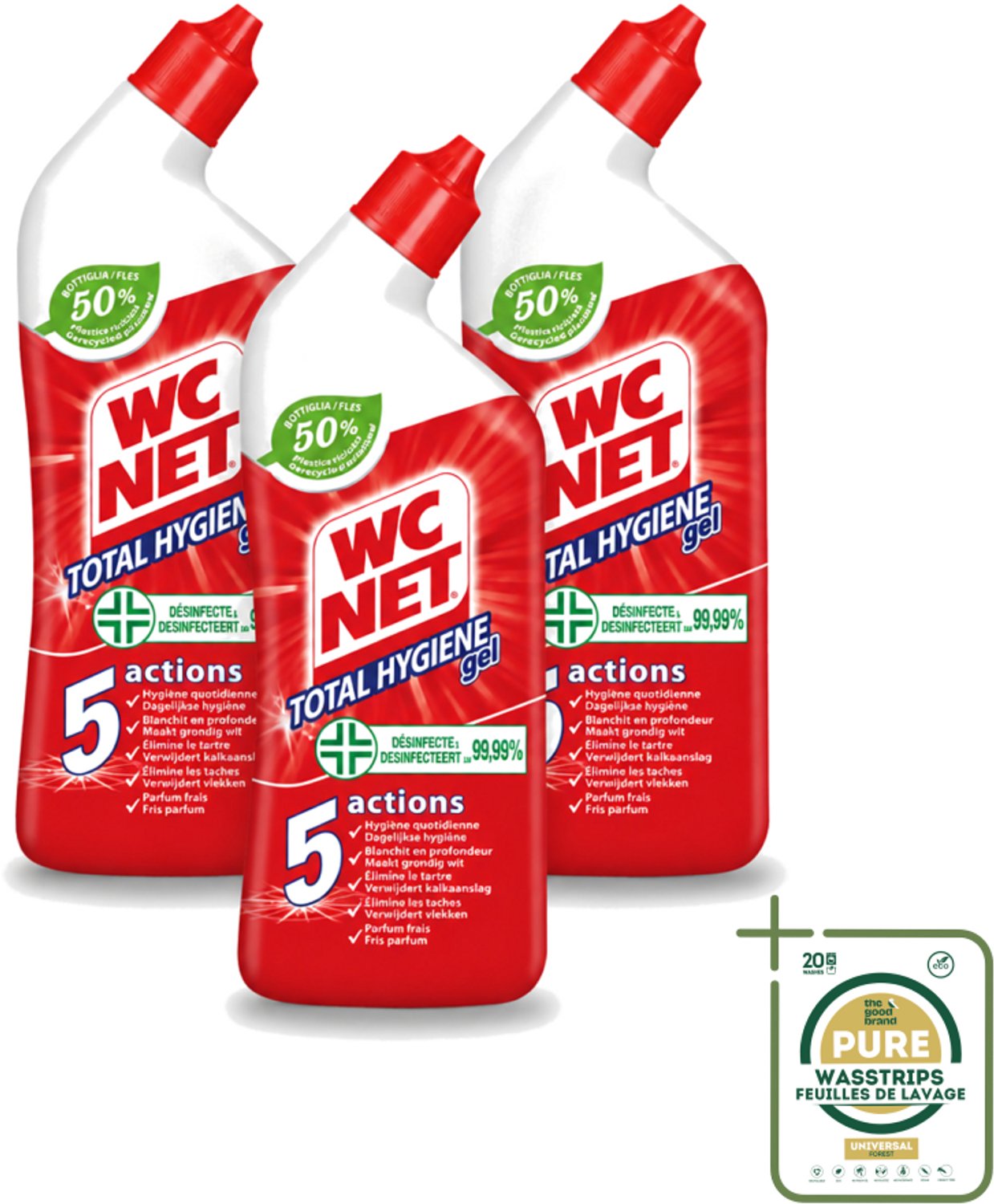 3 x WC Net - Toiletreiniger - Gel - Ontkalkt En Verwijdert Vlekken - 750 ml - Wasstrips - WC Net - Toilet Reinigen - Kalk Verwijderen - Toilet Reinigingsgel - Toilet Hygiëne