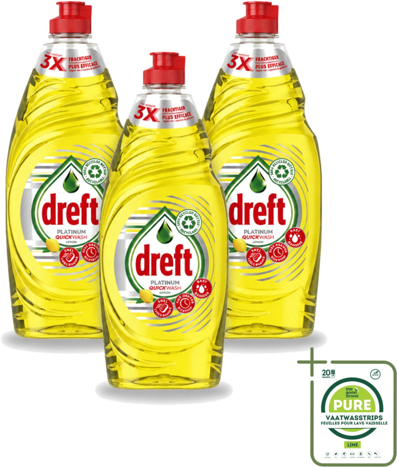 3 x Dreft Platinum Quickwash - Vloeibaar Afwasmiddel - Citroen- 625 ml - Grootverpakking - Snel Reinigen - Vaat Reinigen - Citroengeur - Vetresten Verwijderen - Afwasmiddel