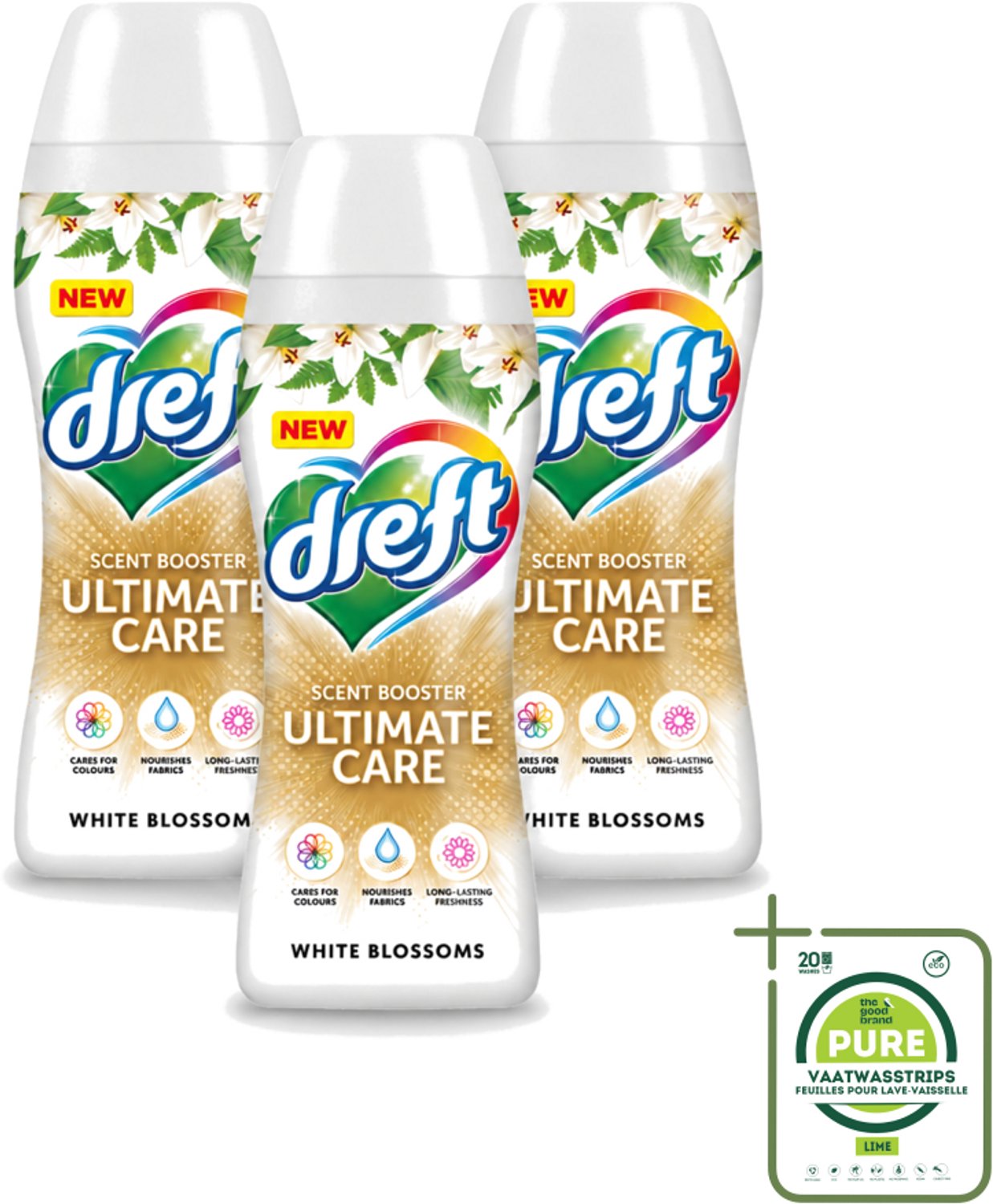 3 x Dreft - Ultimate Care - Wasverzachter - Geurbooster - Gekleurde Was - Witte Bloem - 15 Wasbeurten - Grootverpakking - Vaatwasstrips - Wasmiddel - Geurbooster - Kleurbescherming - Wasverzachter - Vezelverzorging
