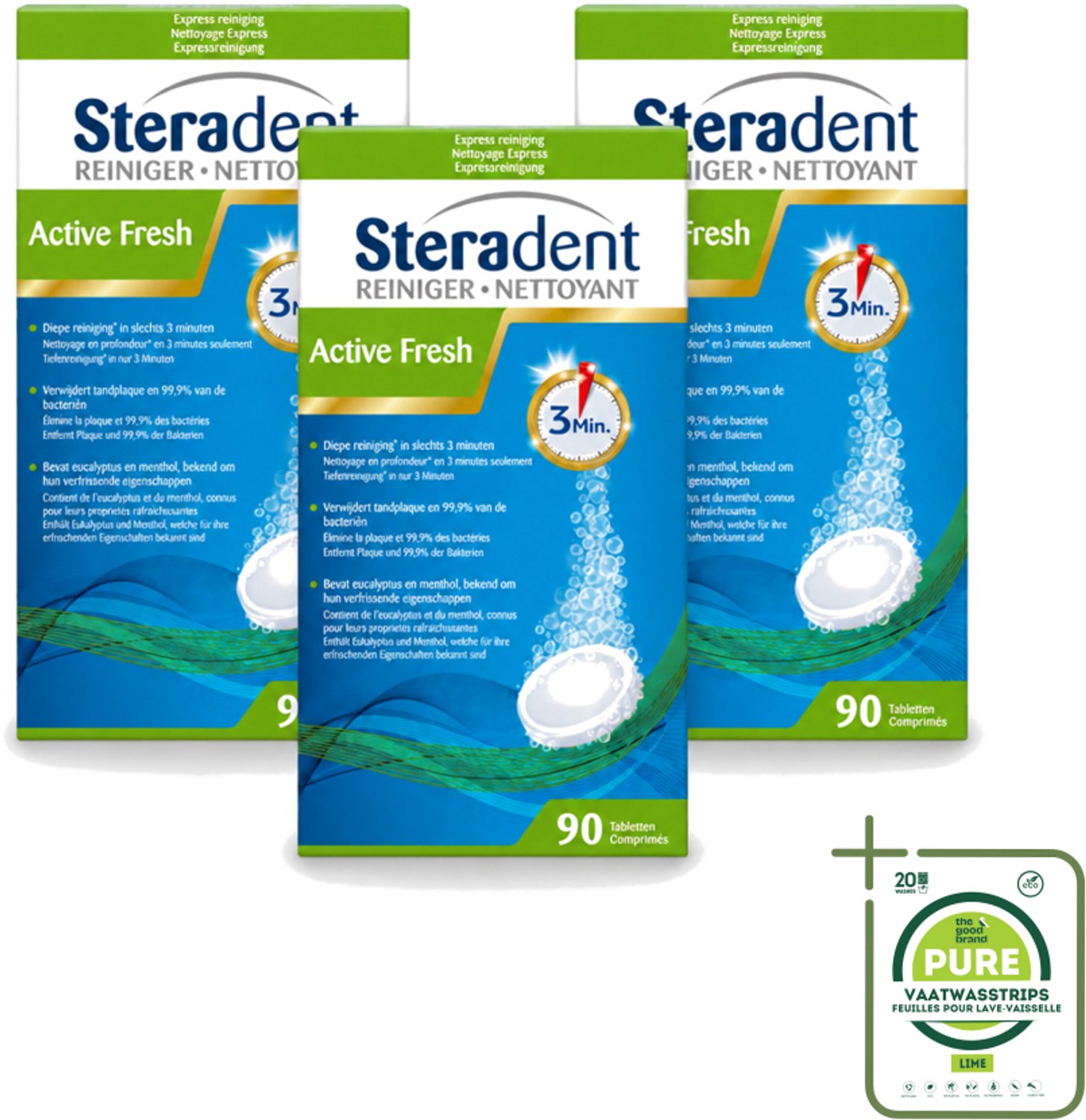 3 x Steradent - Kunstgebitreiniger - Active Fresh - Menthol En Eucalyptus - 90 Tabletten - Grootverpakking - Vaatwasstrips - Kunstgebit Reinigen - Kunstgebit Reiniging - Kunstgebit Reiniging Tabletten - Kunstgebit Frisheid - Kunstgebit Geur