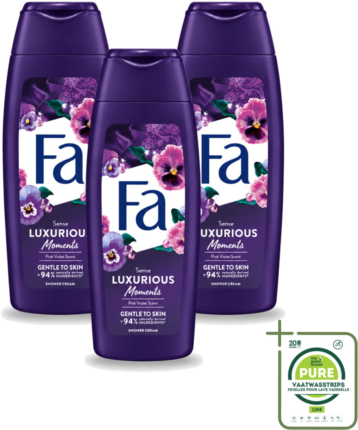 3 x Fa - Luxurious Moments - Douchecrème - Roze Viooltjes - 250 ml - Grootverpakking - Vaatwasstrips - Douchecrème - Roze Viooltjes - Luxe Douchecrème - Huidverzorging - Geur Van Roze Viooltjes