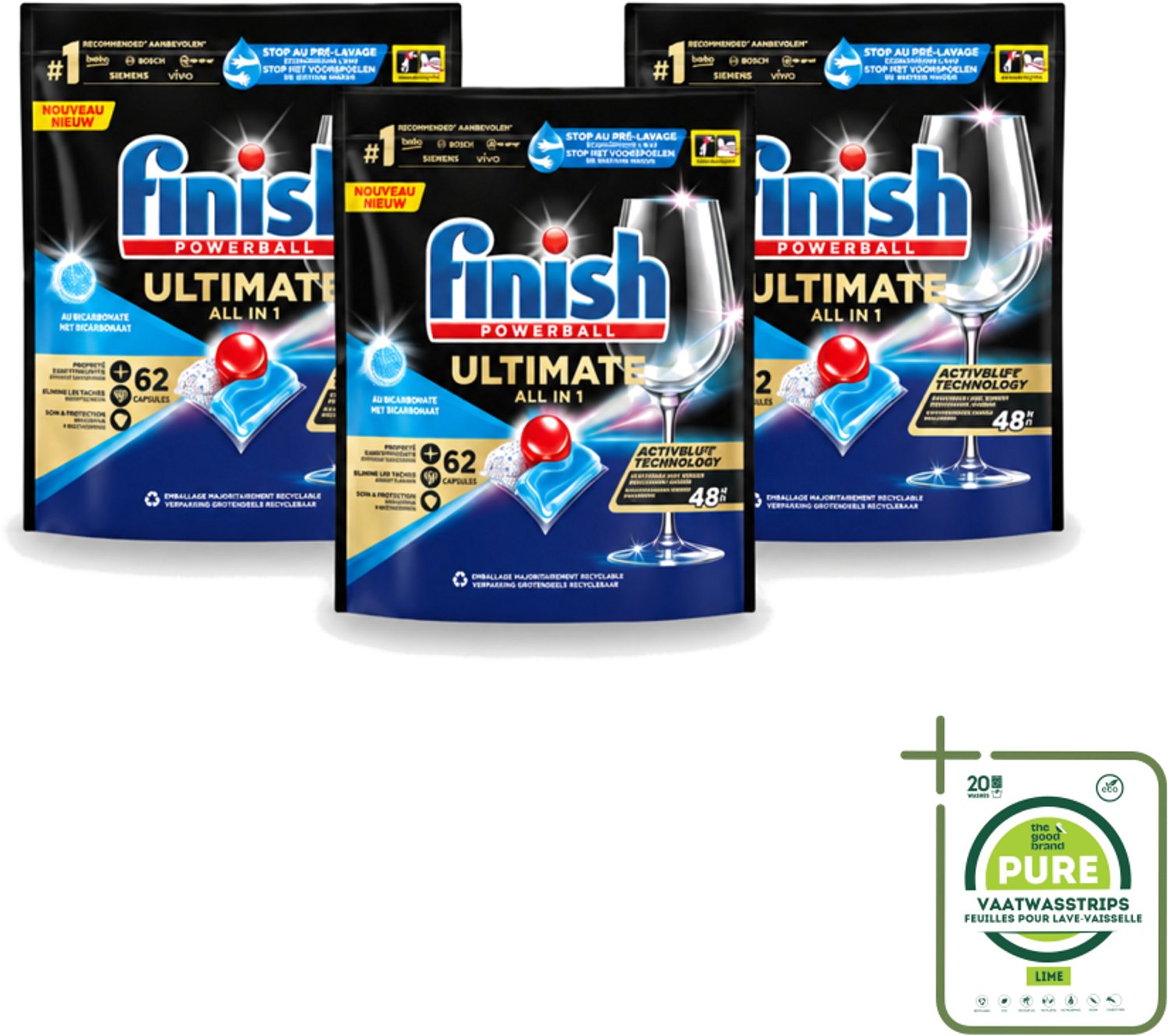 3 x Finish Powerball - Ultimate All in One - Vaatwastabletten - Met Bicarbonaat - 62 Capsules - Grootverpakking - Vaatwasstrips - Vaatwasmiddel - Vaatwascapsules - Glans - Reiniging - Vlekken Verwijderen