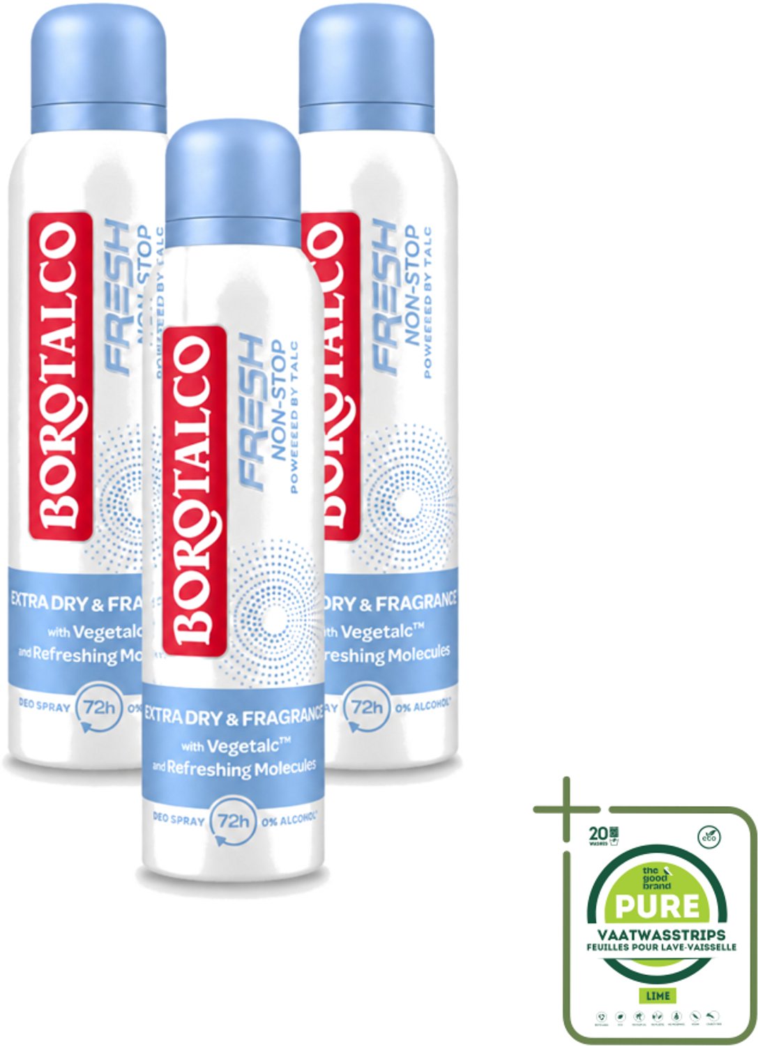 3 x Borotalco – Deodorant Spray – Fresh Non-Stop – 150 ml - Grootverpakking - Vaatwasstrips - Frisheid - Zweetbestendig - Menthol - Koel Gevoel - Deodorant Spray