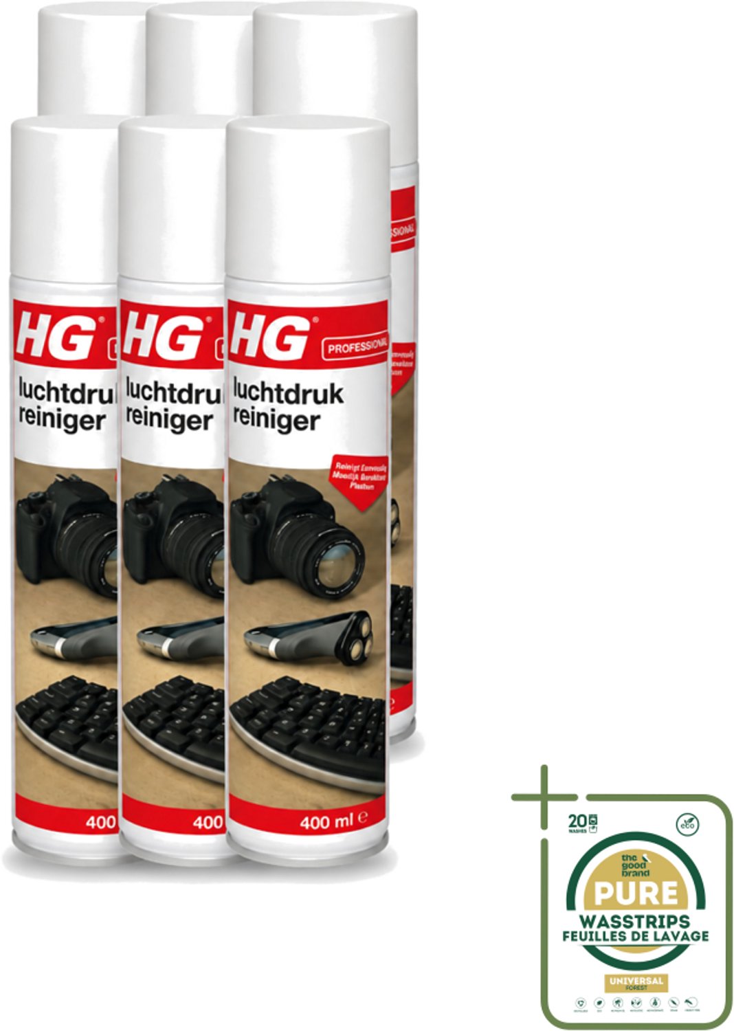 6 x HG - Luchtdrukreiniger - Reinigt Eenvoudig Moeilijk Bereikbare Plaatsen - 400 ml - Wasstrips - Luchtdrukreiniger - Stof Verwijderen - Losse Vervuiling - Toetsenbord Reinigen - Printer Reinigen