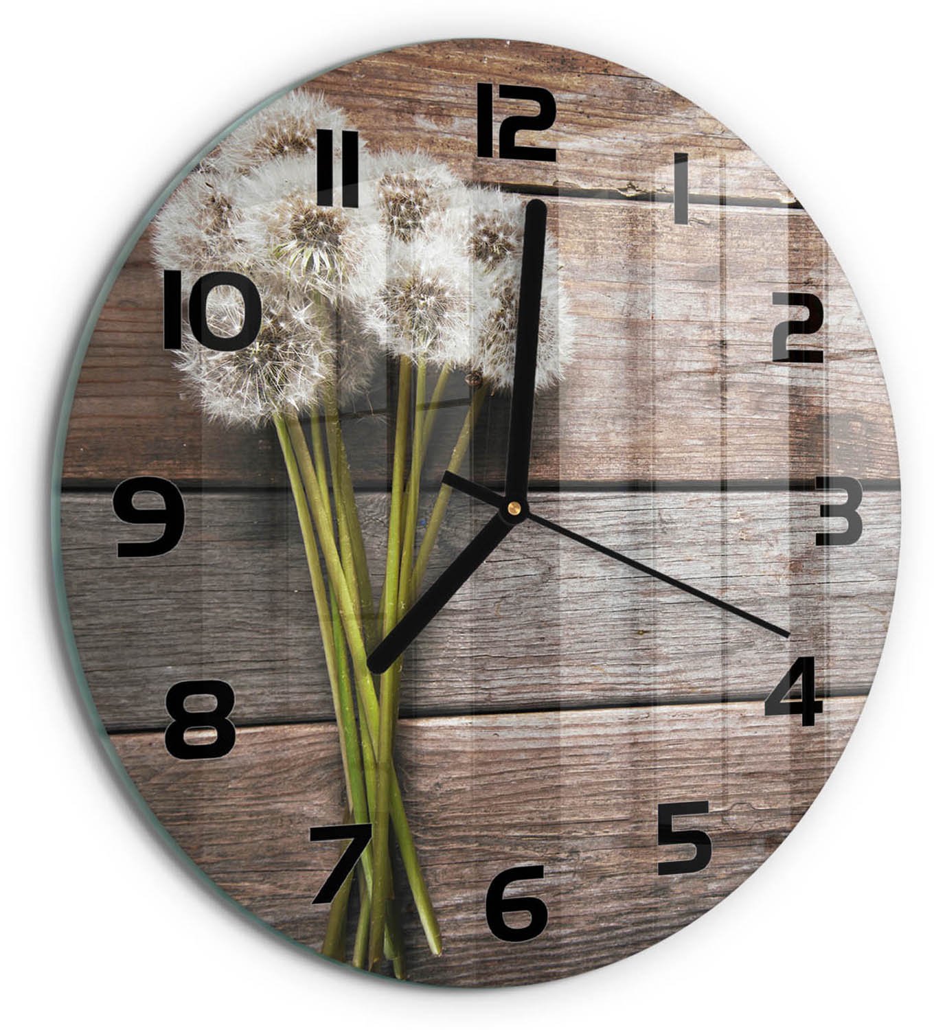 TULUP Wandklok - Paardenbloemhout Glazen Wandklok Design - fi30 cm - Bruin Klok Glas Met Opdruk - Zwarte handen - Ronde Klok - Wandklok Glas Met Motief - Decoratieve Glazen Klok