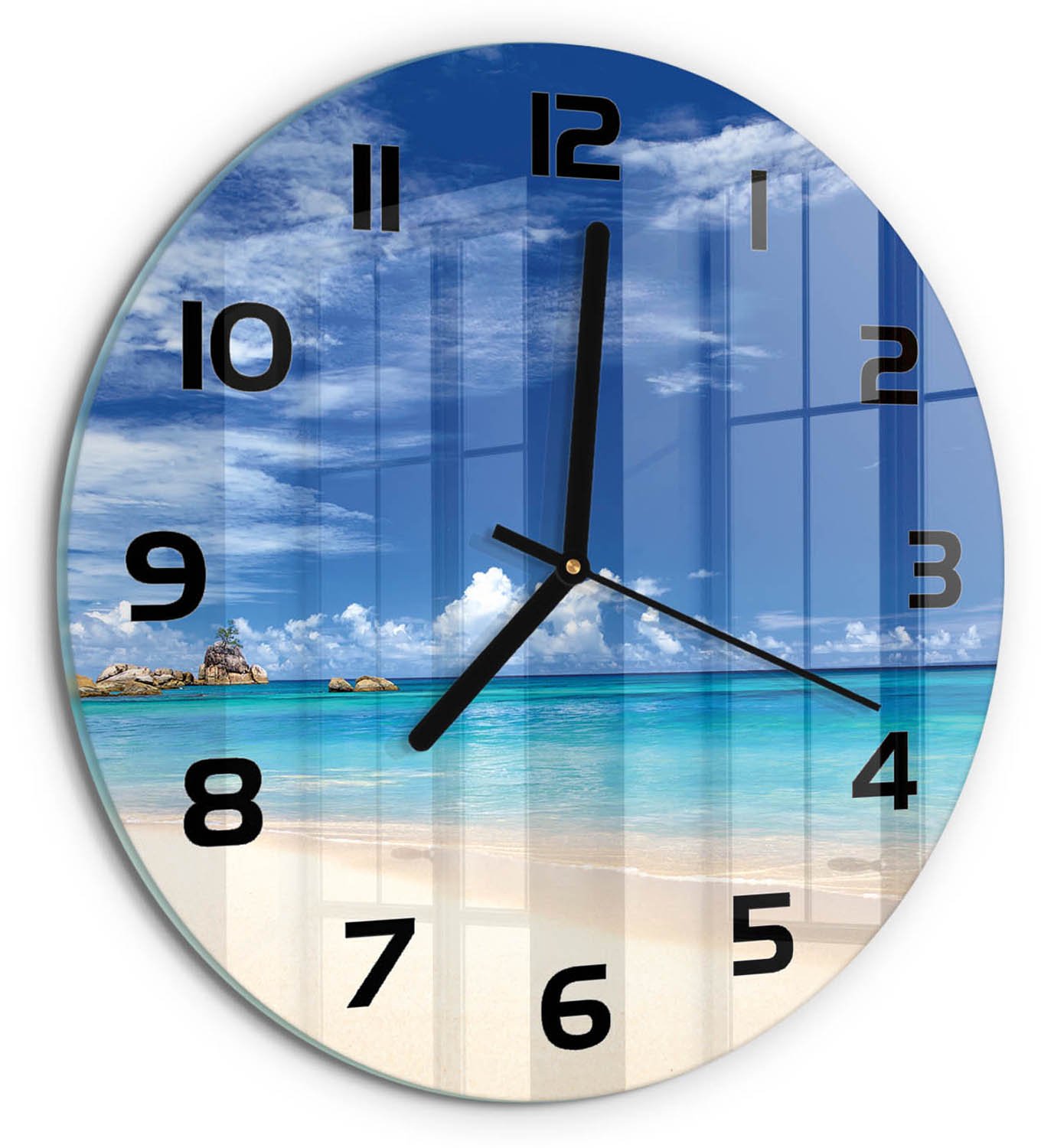 TULUP Wandklok - Tropisch strand Decoratieve Glazen Klok - fi30 cm - Blauw Glazen Wandklok Design - Zwarte handen - Ronde Klok - Glazen Klok Met Print - Wandklok Glas Met Motief
