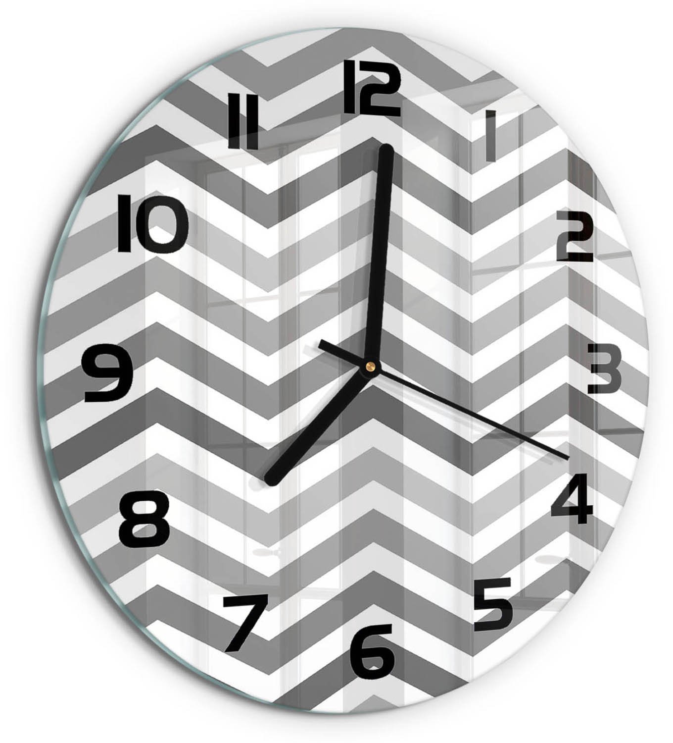TULUP Wandklok - Grijze zigzag Wandklok Glas Decoratie - fi30 cm - Grijs Gekleurde Glazen Klok - Zwarte handen - Ronde Klok - Klok Glas Met Opdruk - Moderne Wandklok Glas