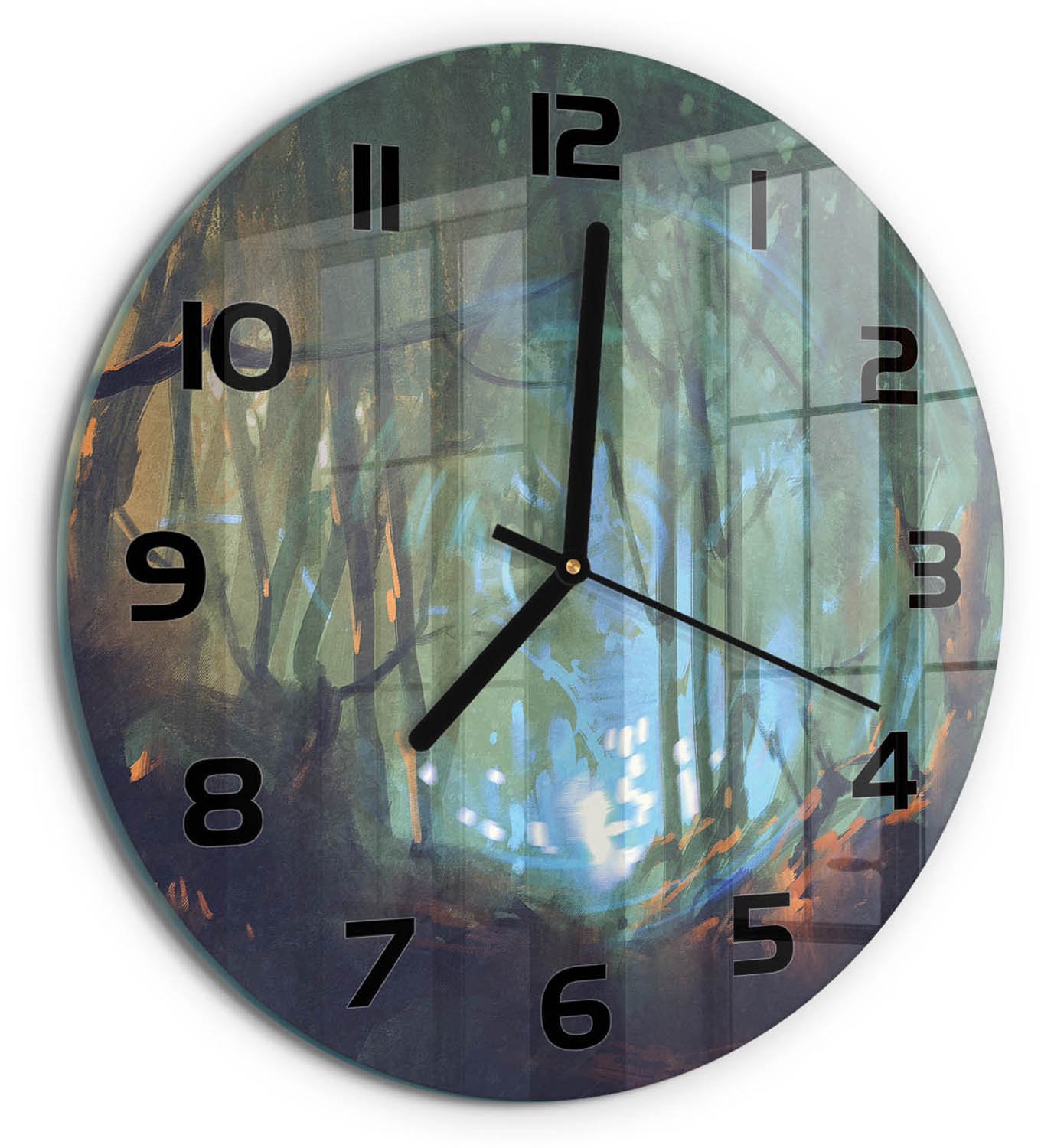 TULUP Wandklok - Mystiek bos Wandklok Glas Met Motief - fi30 cm - Blauw Decoratieve Glazen Klok - Zwarte handen - Ronde Klok - Gekleurde Glazen Klok - Glazen Klok Met Print