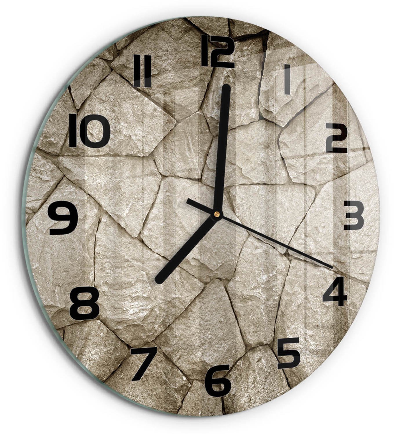 TULUP Wandklok - Stenen muur Wandklok Glas Met Motief - fi30 cm - Beige Decoratieve Glazen Klok - Zwarte handen - Ronde Klok - Gekleurde Glazen Klok - Glazen Klok Met Print