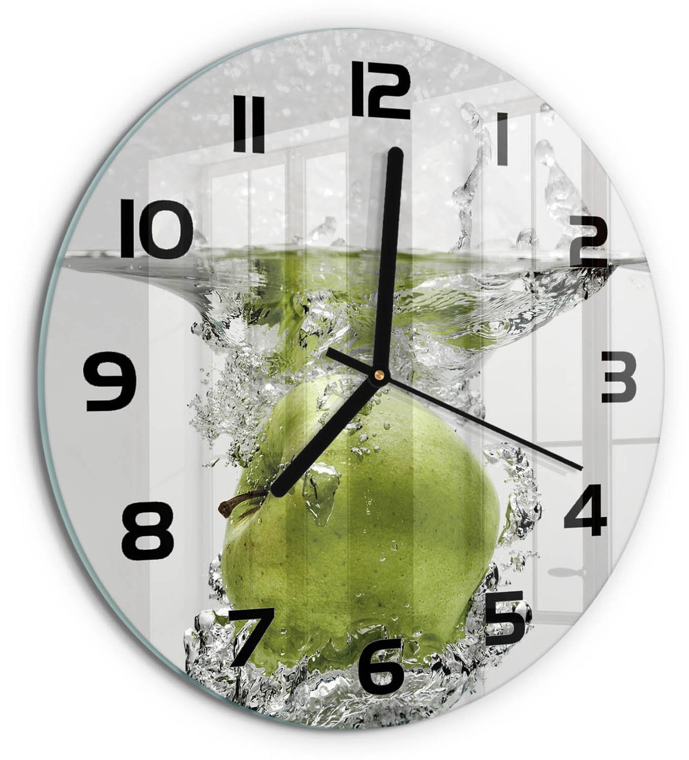 TULUP Wandklok - Appel onder water Glazen Wandklok Design - fi30 cm - Groente Klok Glas Met Opdruk - Zwarte handen - Ronde Klok - Wandklok Glas Met Motief - Decoratieve Glazen Klok