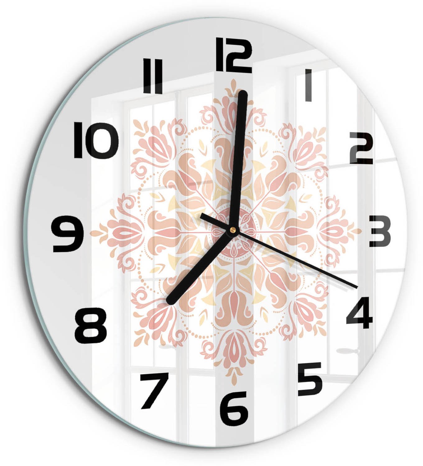 TULUP Wandklok - Decoraties Gekleurde Glazen Klok - fi30 cm - Beige Glazen Klok Met Print - Zwarte handen - Ronde Klok - Moderne Wandklok Glas - Wandklok Glas Decoratie