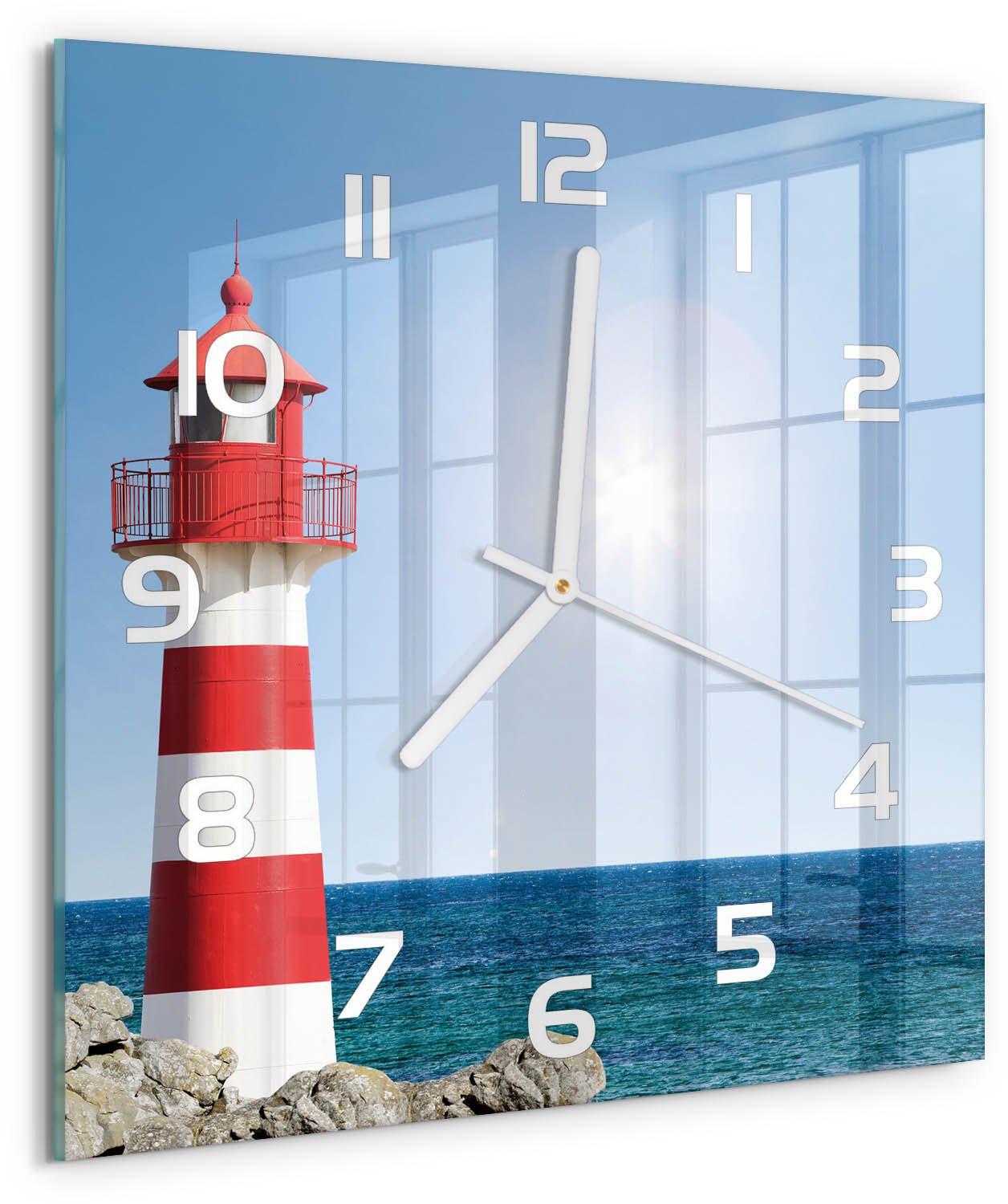 Tulup Wandklok - Vuurtoren Glazen Wandklok Design - 30x30 cm - Rood Klok Glas Met Opdruk - Witte handen - Vierkante Klok - Wandklok Glas Met Motief - Decoratieve Glazen Klok
