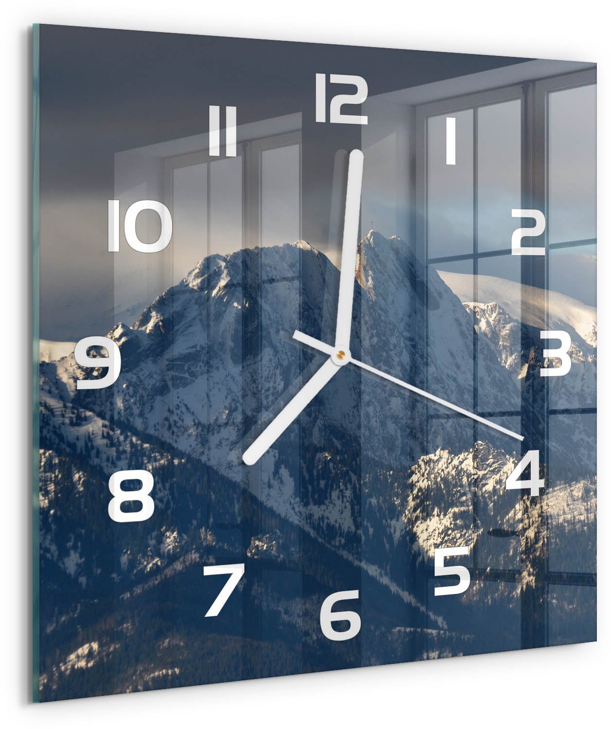 Tulup Wandklok - Giewont in de winter Klok Glas Met Opdruk - 30x30 cm - Grijs Moderne Wandklok Glas - Witte handen - Vierkante Klok - Decoratieve Glazen Klok - Glazen Wandklok Design