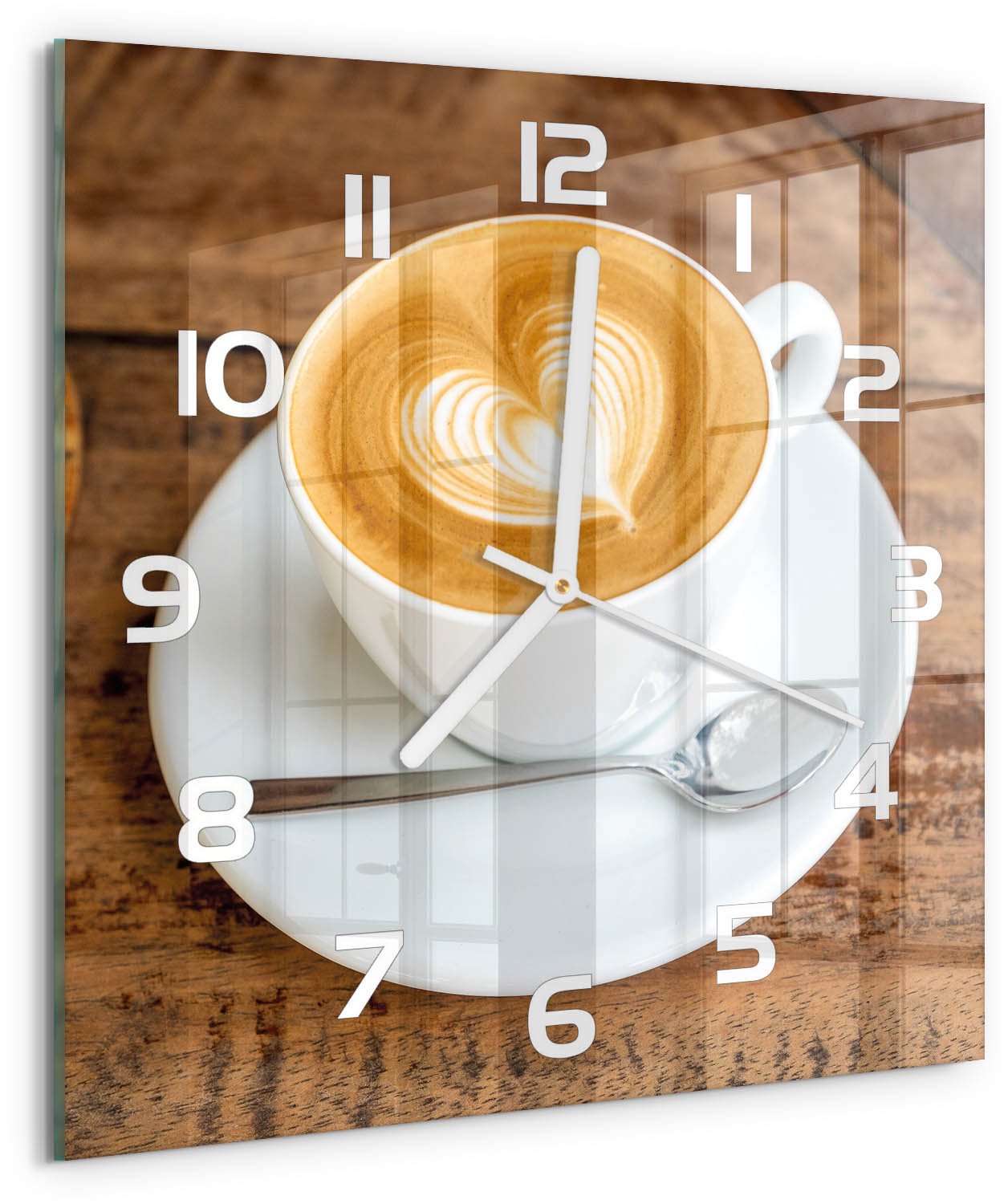 Tulup Wandklok - Koffie in een kopje Gekleurde Glazen Klok - 30x30 cm - Bruin Glazen Klok Met Print - Witte handen - Vierkante Klok - Moderne Wandklok Glas - Wandklok Glas Decoratie
