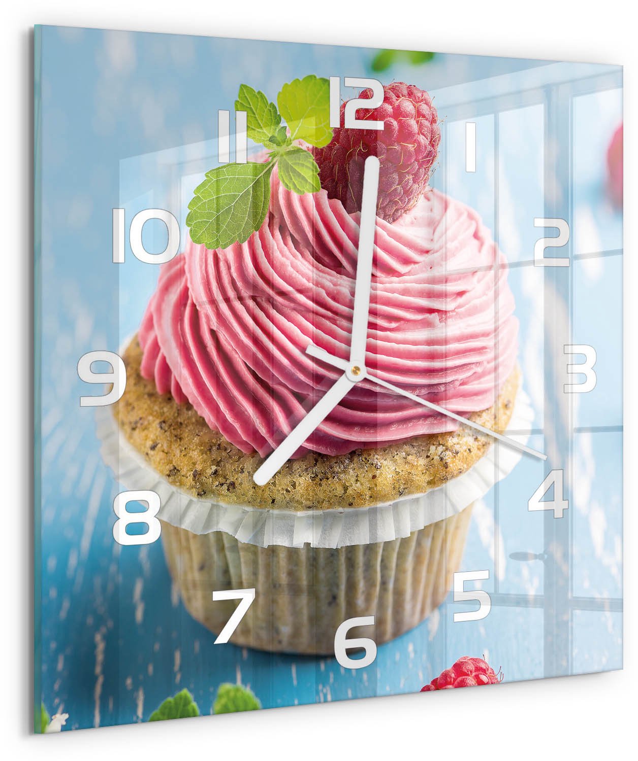 Tulup Wandklok - Frambozenmuffin Wandklok Glas Decoratie - 30x30 cm - Rood Gekleurde Glazen Klok - Witte handen - Vierkante Klok - Klok Glas Met Opdruk - Moderne Wandklok Glas