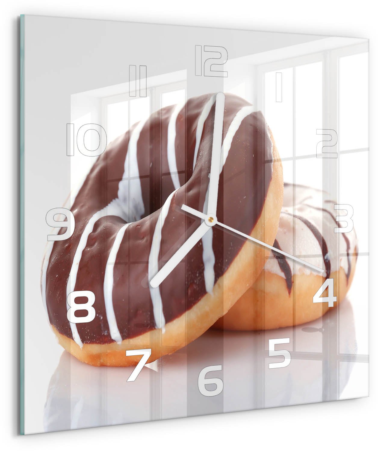 Tulup Wandklok - Chocoladedonuts Wandklok Glas Met Motief - 30x30 cm - Bruin Decoratieve Glazen Klok - Witte handen - Vierkante Klok - Gekleurde Glazen Klok - Glazen Klok Met Print
