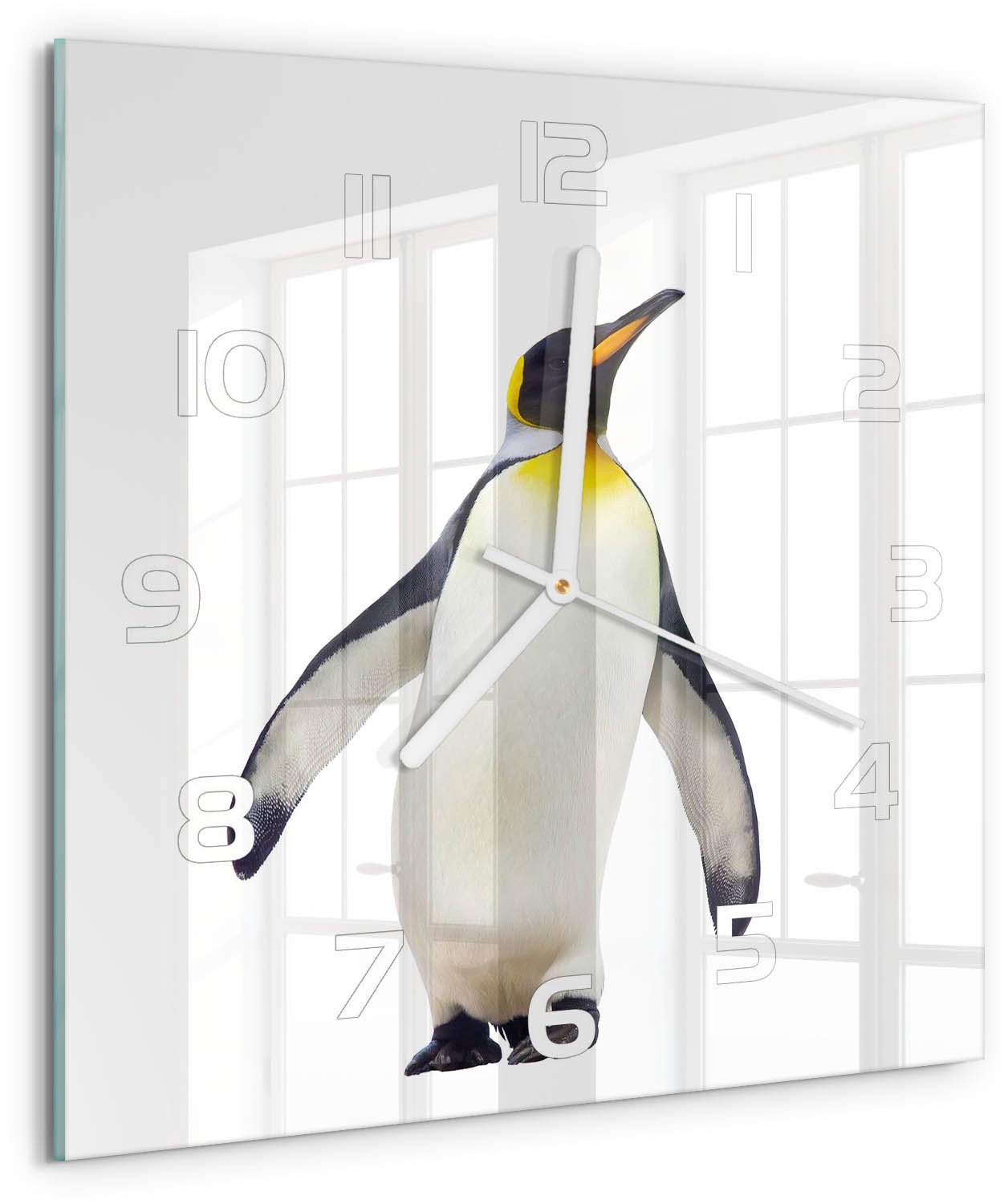 Tulup Wandklok - Pinguïn Klok Glas Met Opdruk - 30x30 cm - Wit Moderne Wandklok Glas - Witte handen - Vierkante Klok - Decoratieve Glazen Klok - Glazen Wandklok Design