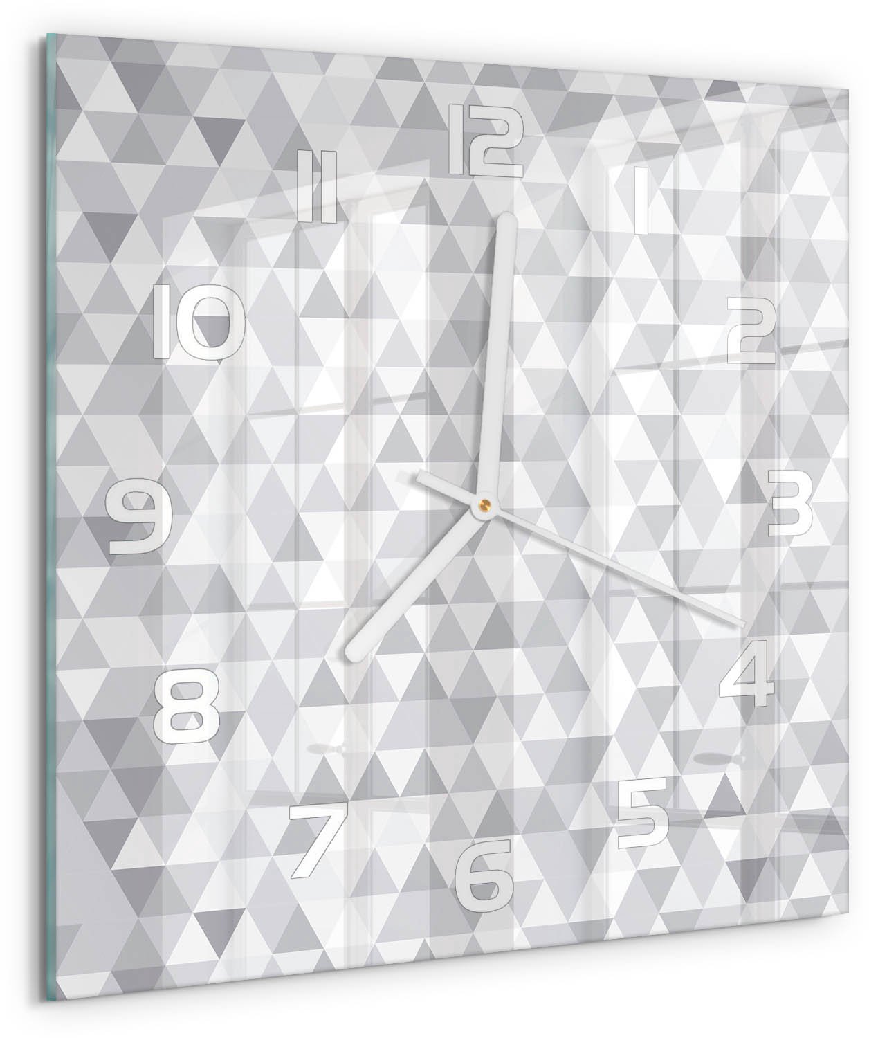 TULUP Wandklok - Grijze driehoeken Moderne Wandklok Glas - 30x30 cm - Grijs Wandklok Glas Decoratie - Witte handen - Vierkante Klok - Glazen Wandklok Design - Klok Glas Met Opdruk
