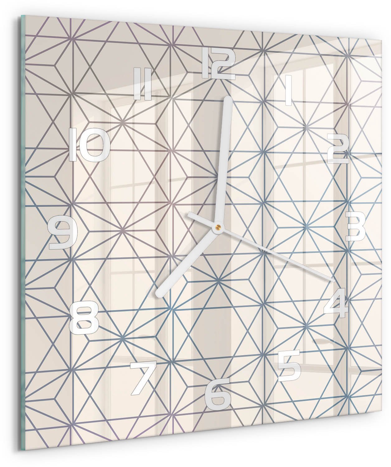 Tulup Wandklok - Geometrische achtergrond Wandklok Glas Decoratie - 30x30 cm - Beige Gekleurde Glazen Klok - Witte handen - Vierkante Klok - Klok Glas Met Opdruk - Moderne Wandklok Glas
