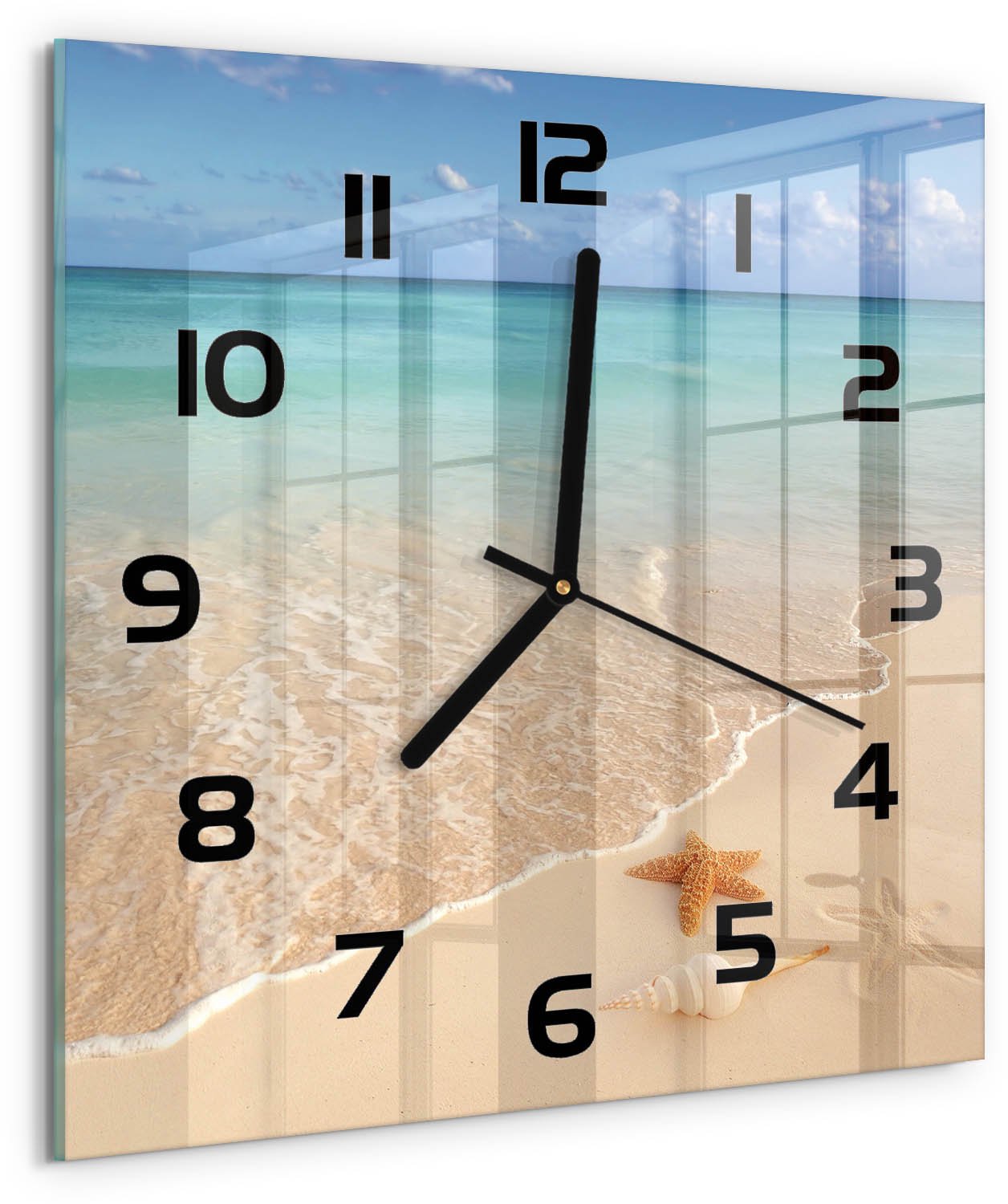 Tulup Wandklok - Zeesterren op het strand Decoratieve Glazen Klok - 30x30 cm - Blauw Glazen Wandklok Design - Zwarte handen - Vierkante Klok - Glazen Klok Met Print - Wandklok Glas Met Motief
