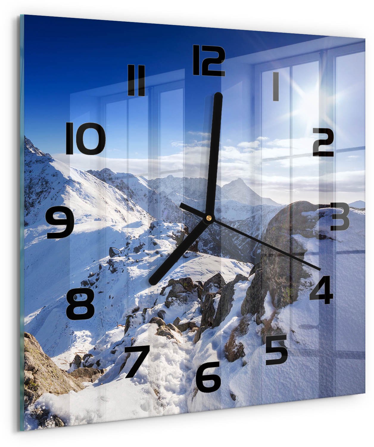 Tulup Wandklok - De top van het Tatragebergte Glazen Wandklok Design - 30x30 cm - Blauw Klok Glas Met Opdruk - Zwarte handen - Vierkante Klok - Wandklok Glas Met Motief - Decoratieve Glazen Klok